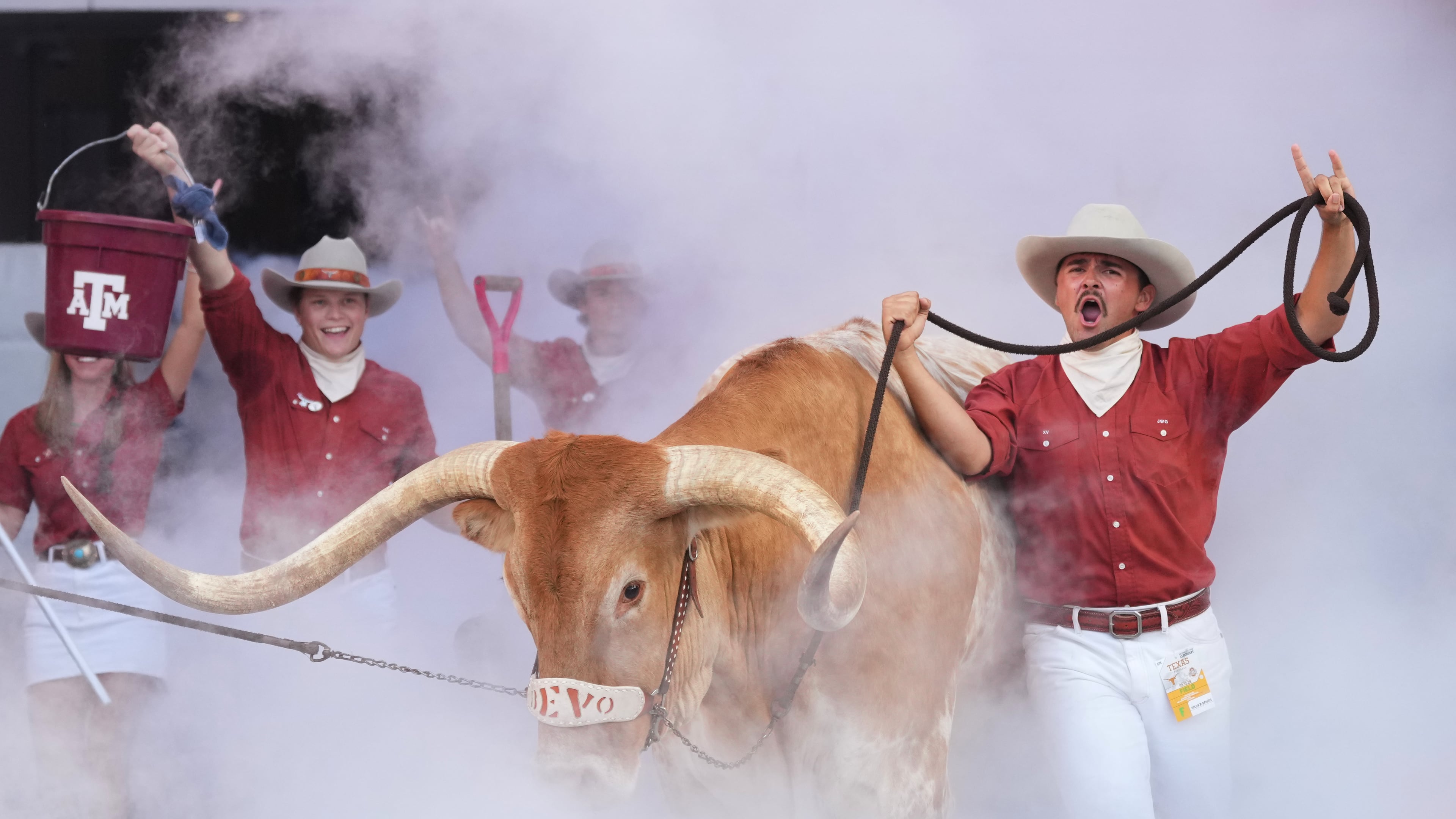 Texas mascot BEVO is lead on to the field before an NCAA college football game between Texas and Ohio State in Austin, Texas, Saturday, Sept. 12, 2026. (AP Photo/Eric Gay)