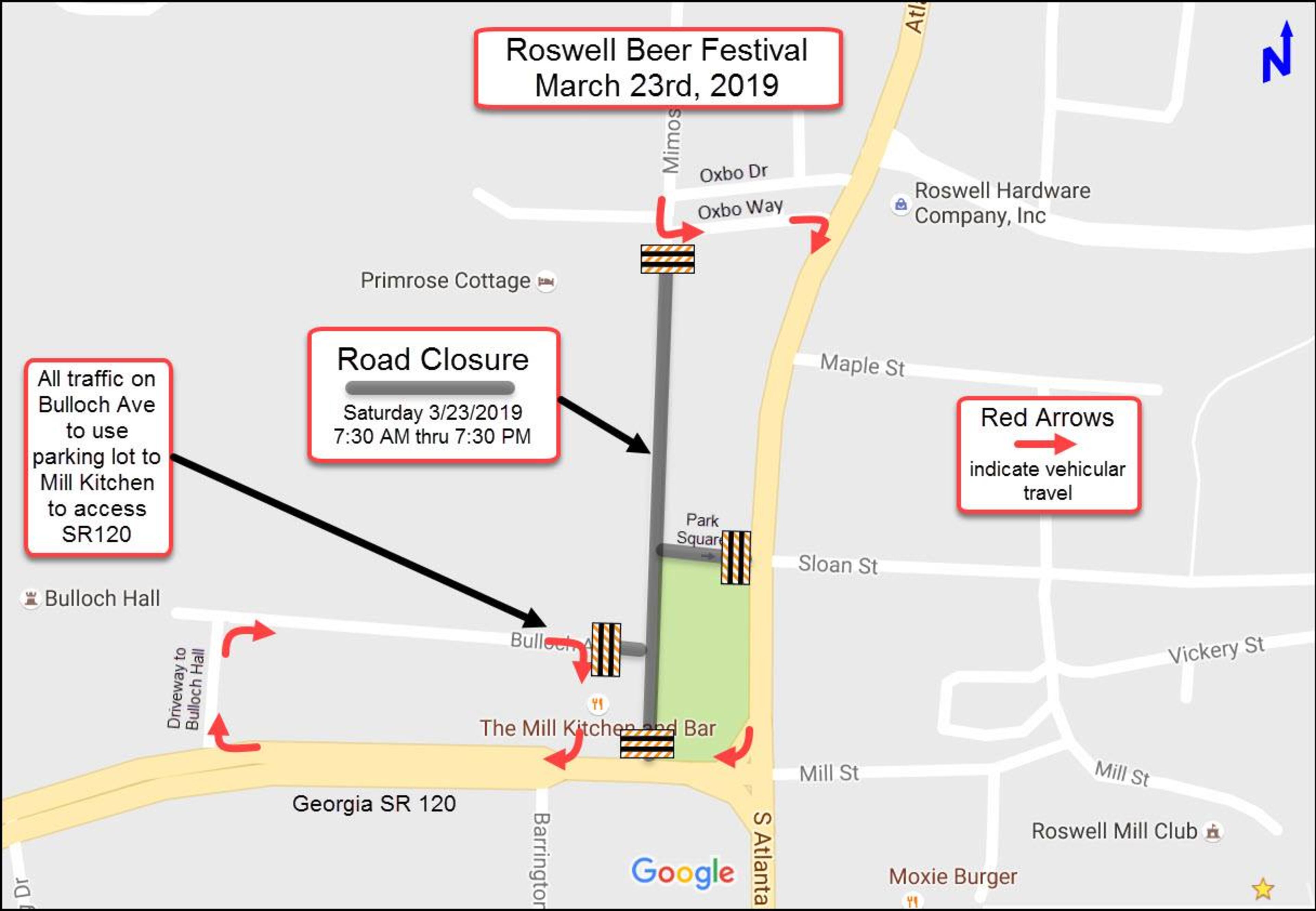 This is a map of the road closures for the 2019 Roswell Beer Festival. (City of Roswell)