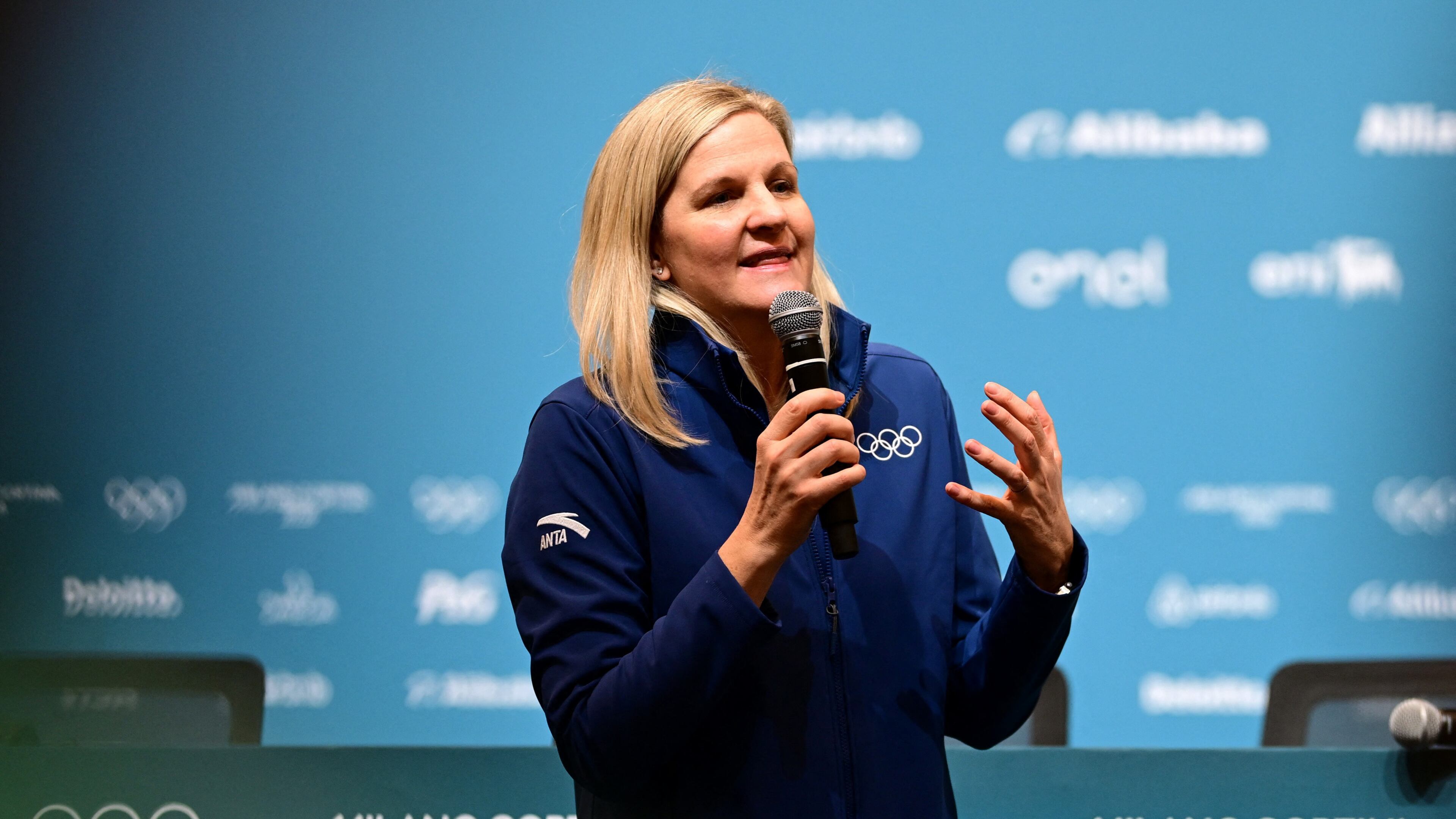 IOC President Kirsty Coventry speaks to volunteers, ahead of the 2026 Winter Olympics, in Milan, Italy, Thursday, Jan. 29, 2026. (Daniele Mascolo/Pool Photo via AP)