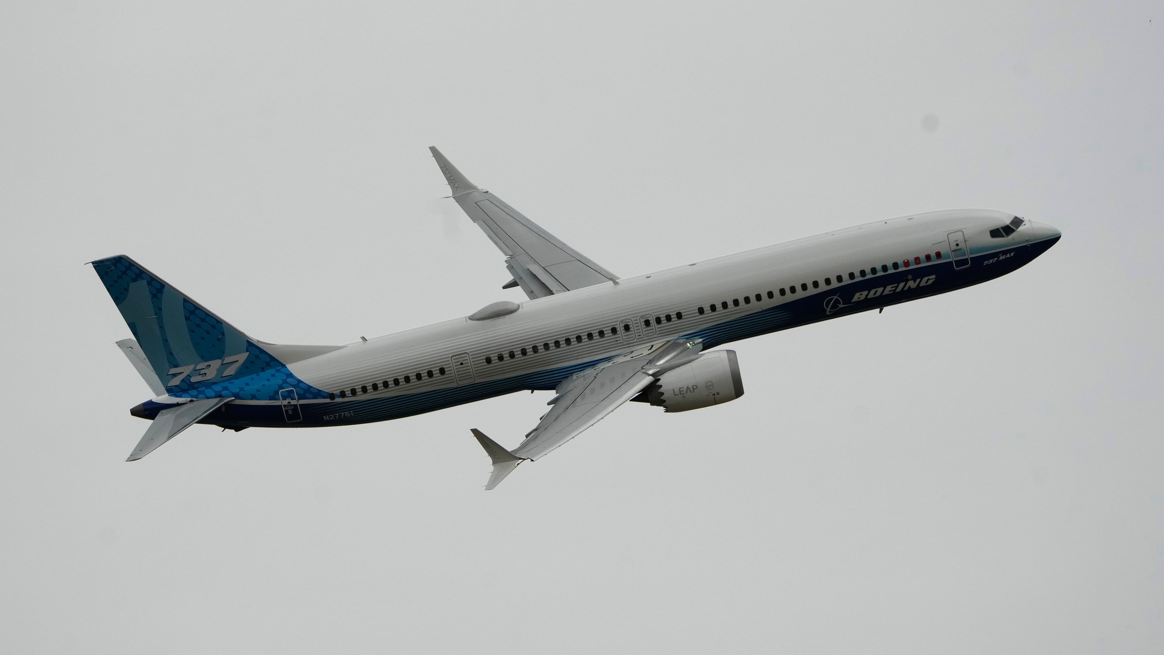 FILE - The Boeing 737 MAX 10 performs a demonstration flight during the Paris Air Show in Le Bourget, north of Paris, France, June 19, 2023. (AP Photo/Lewis Joly, File)
