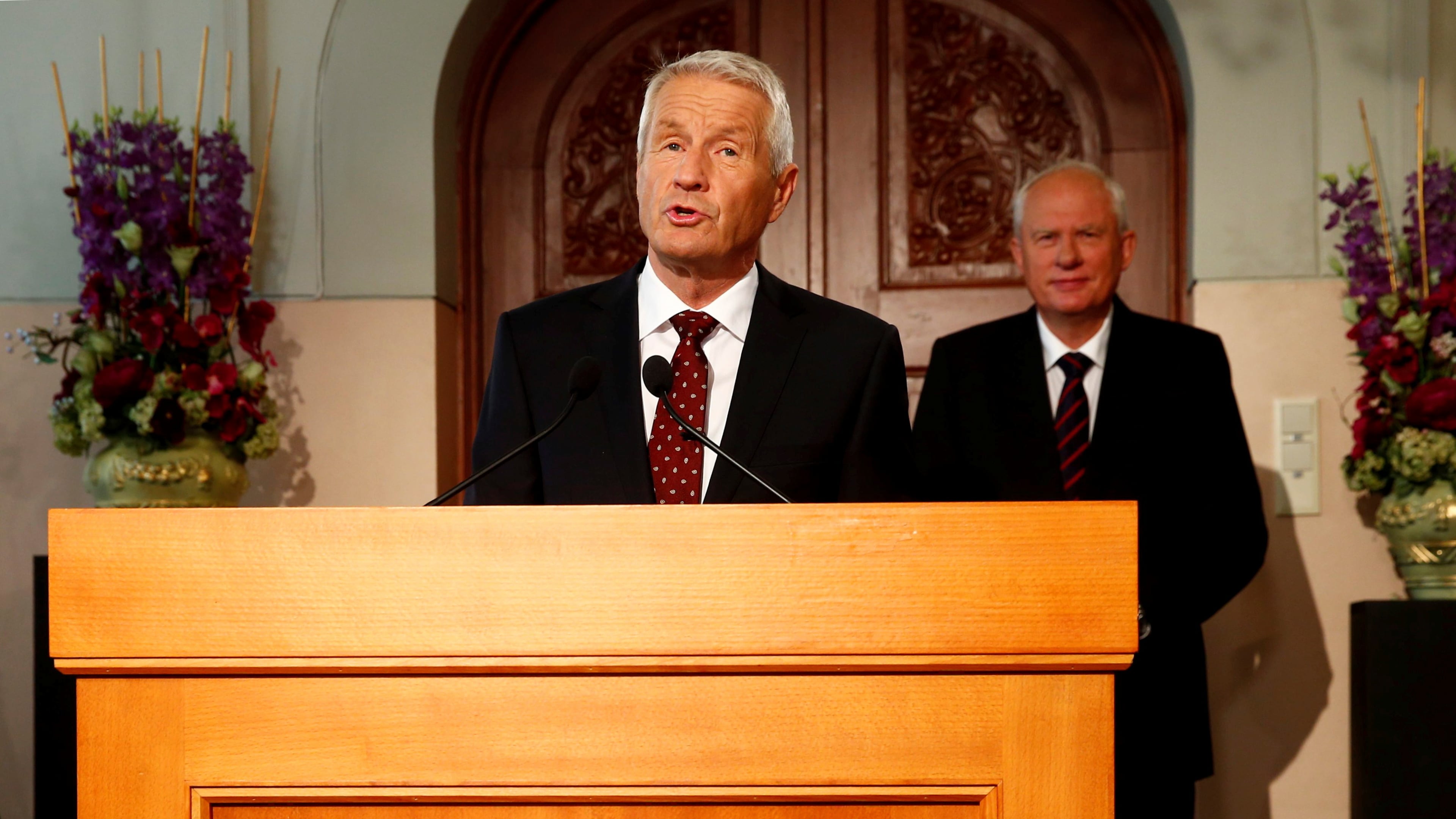 FILE - Chairman of the Norwegian Nobel Committee Thorbjorn Jagland announces the winner of the Nobel Peace Prize, at the Nobel Institute in Oslo, Friday Oct. 11, 2013. (Heiko Junge/NTB Scanpix via AP, File)