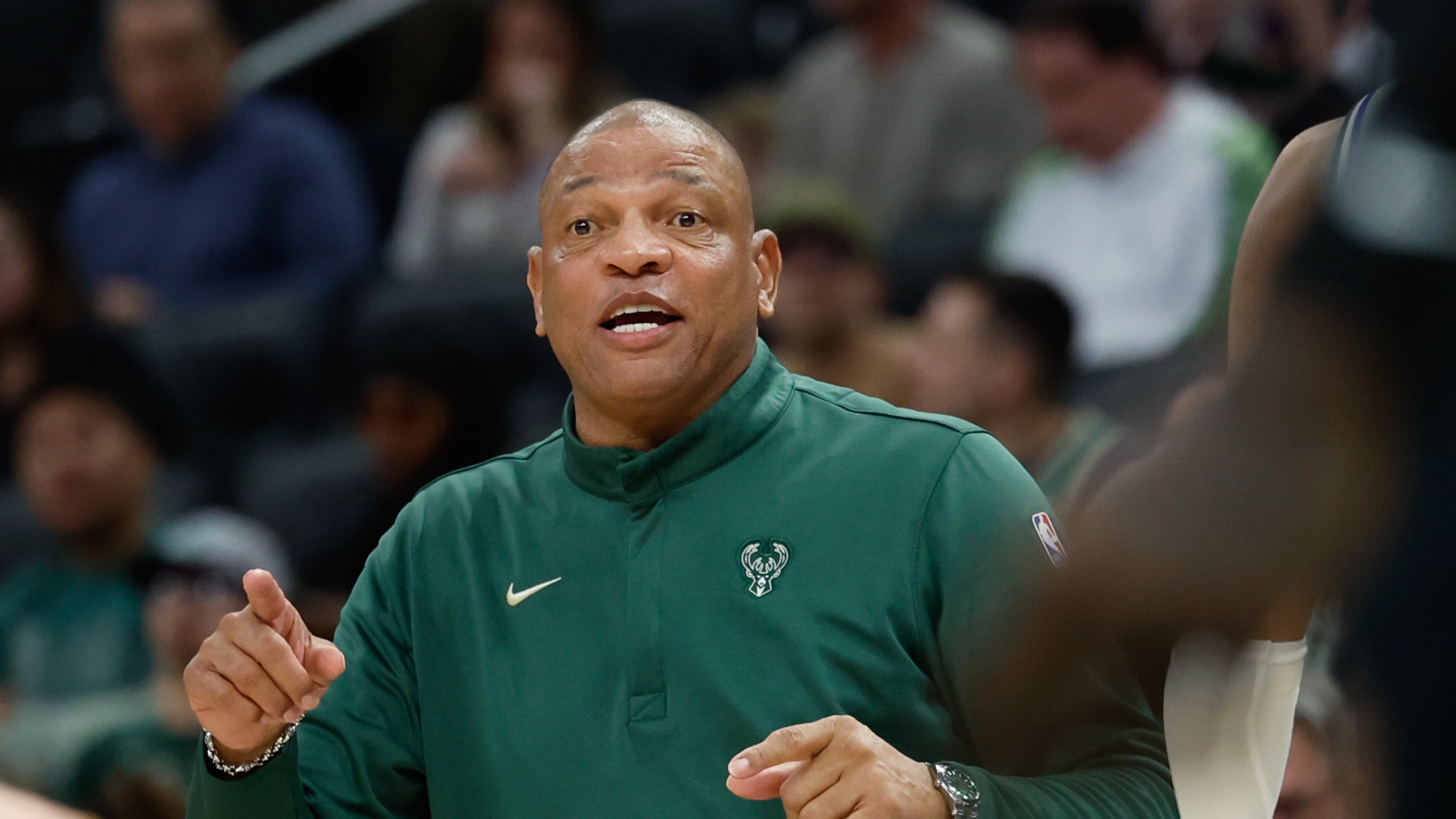Milwaukee Bucks head coach Doc Rivers on the sidelines during the first half of an NBA basketball game against the Brooklyn Nets, Friday, April 10, 2026, in Milwaukee. (AP Photo/Jeffrey Phelps)