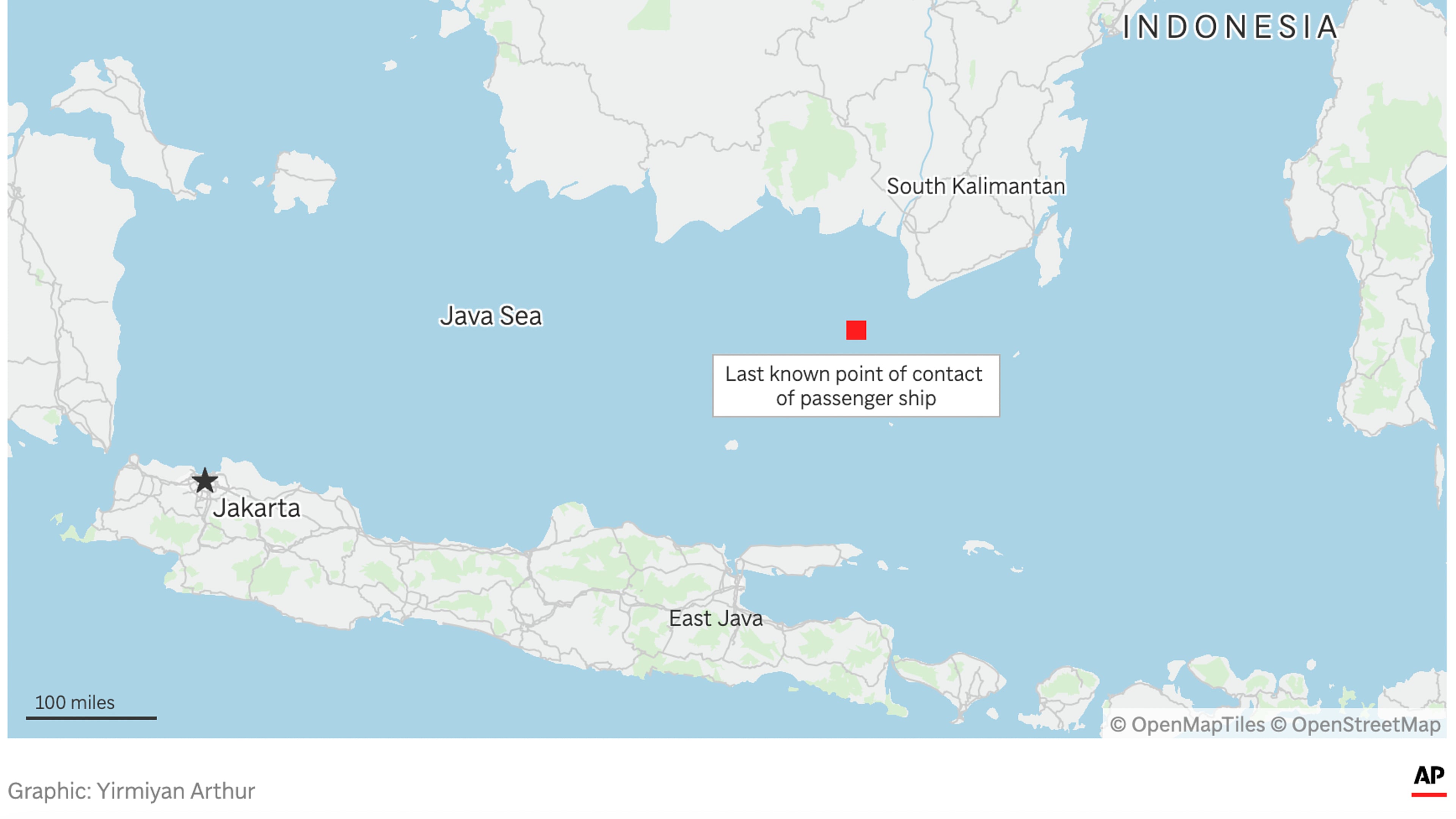 A map showing the last known point of contact of a passenger ship carrying more than 240 people in the Java Sea, that went missing while traveling from East Java to South Kalimantan on Borneo island. (AP Digital Embed)