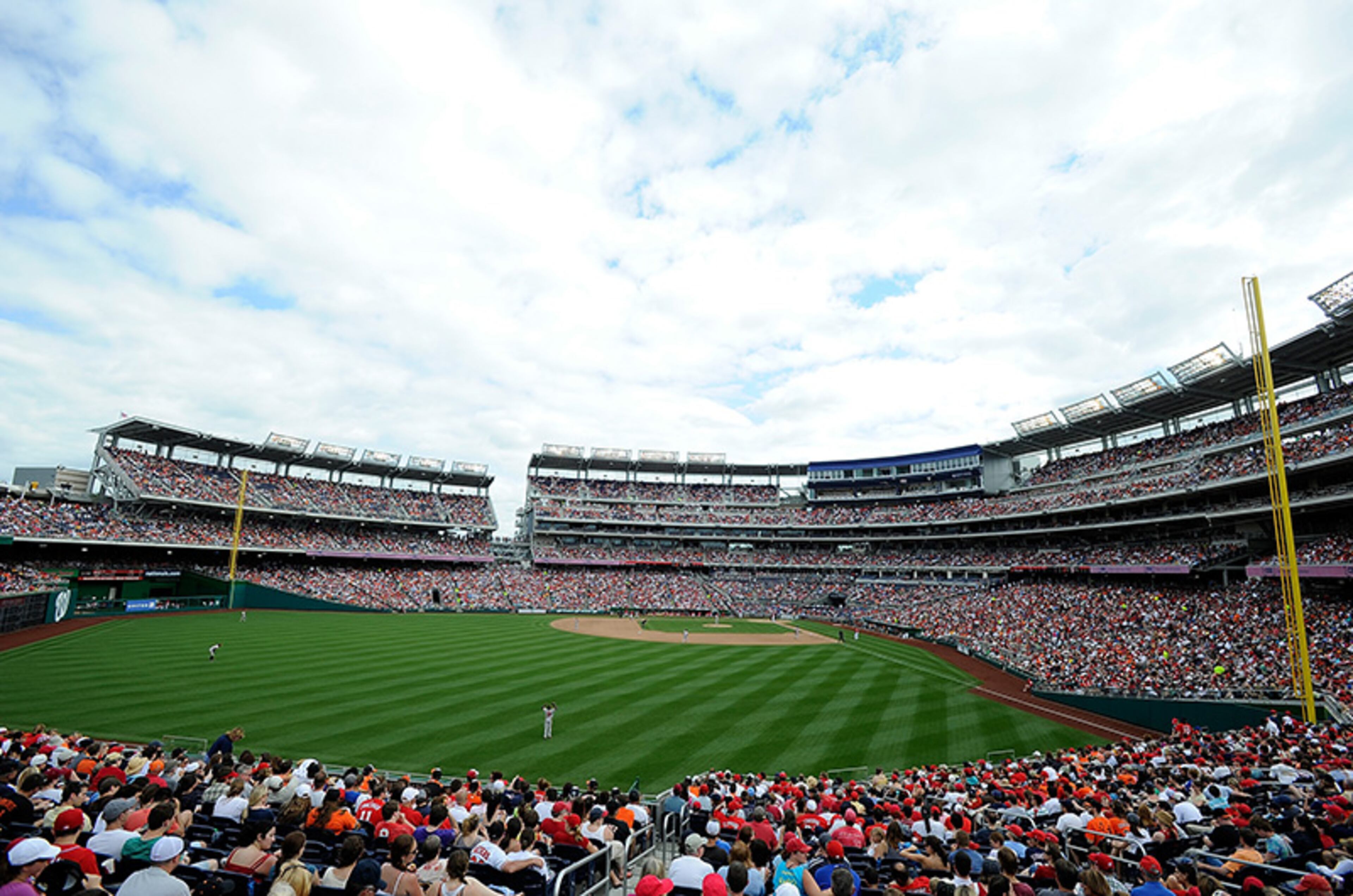 Nationals Park in Washington, D.C., opened in 2008. The Washington Monument and the Capitol building are visible from certain areas of the stadium, namely the upper decks on the first base side of the field.
