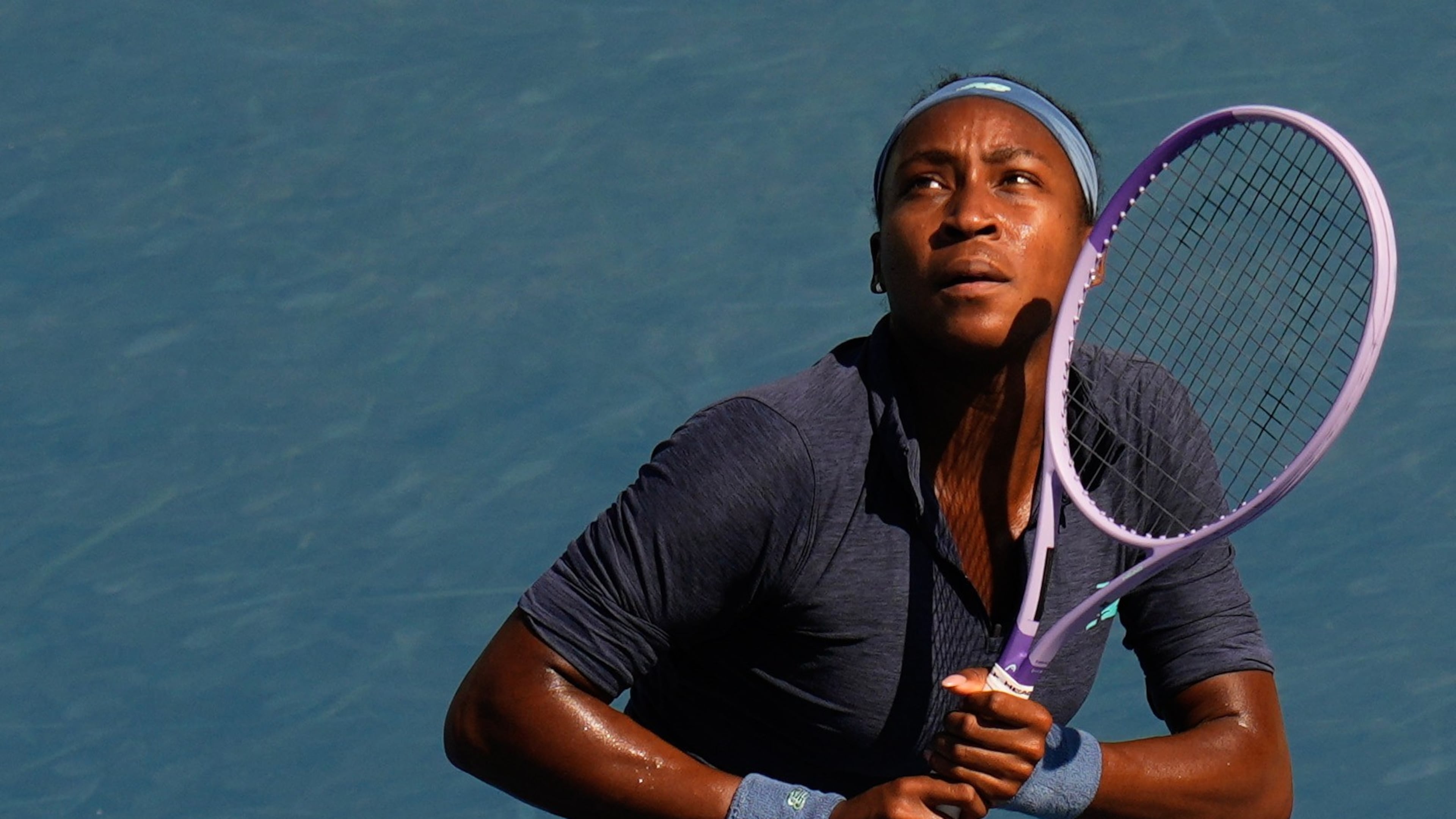 United States' Coco Gauff eyes a return ball to compatriot Kayla Day during a National Bank Open tennis game in Toronto on Wednesday, Aug. 5, 2026. (Chris Young/The Canadian Press via AP)