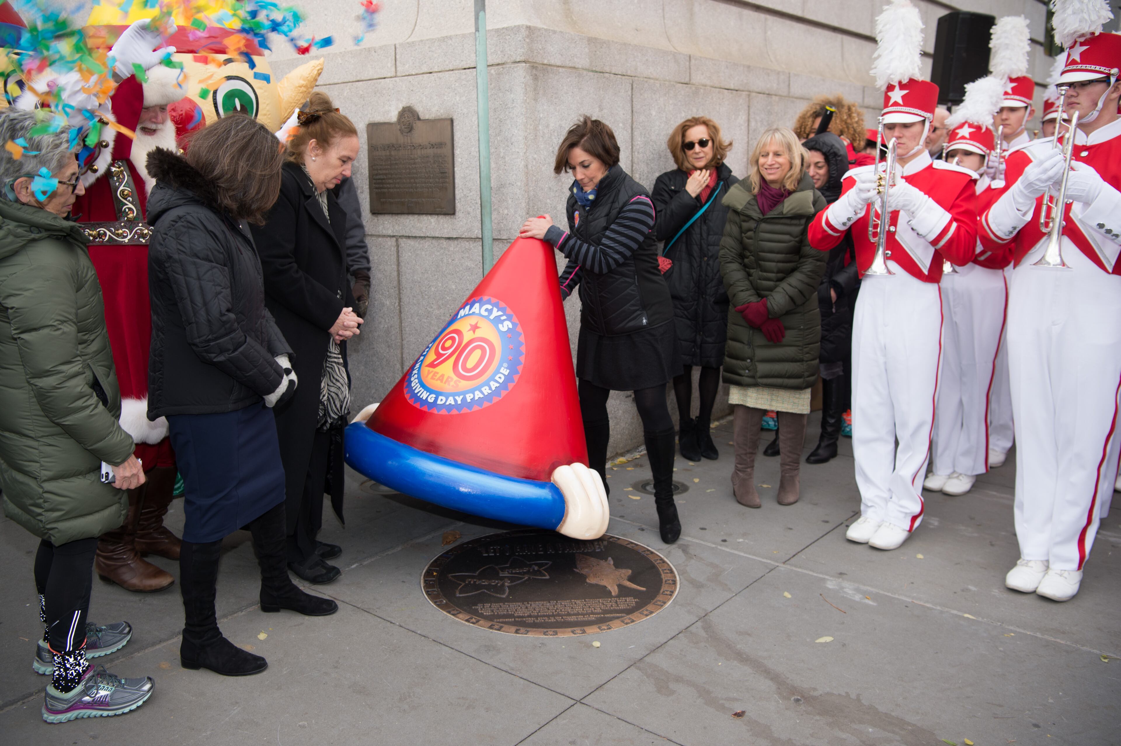 NEW YORK, NY - NOVEMBER 21: Macy's Unveils A Starting Line Plaque On The Upper West Side Of New York City To Commemorate The 90th Macy's Thanksgiving Day Parade on November 21, 2016 in New York City. (Photo by Dave Kotinsky/Getty Images for Macy's )