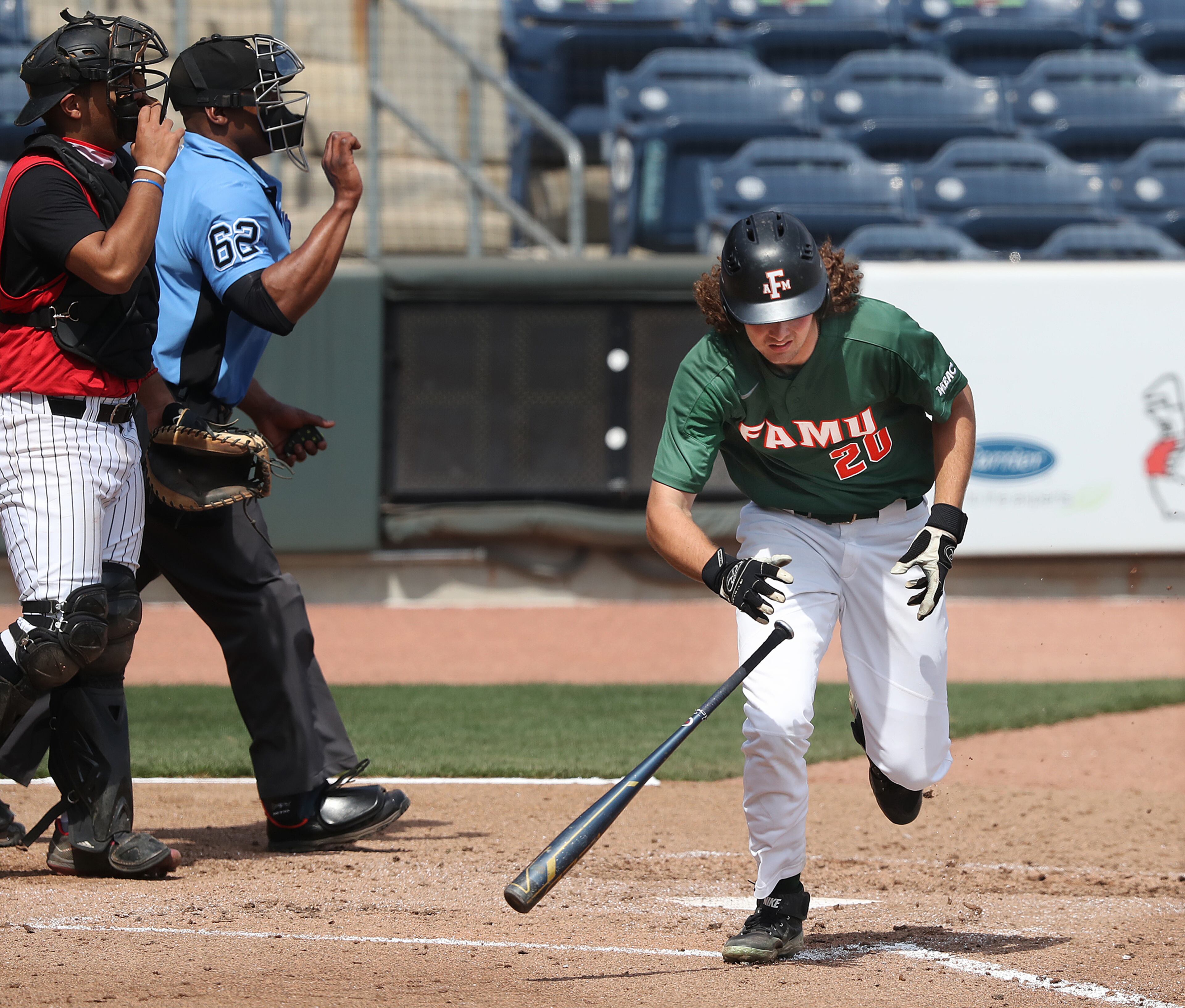 Florida A&M outfielder Jared Weber hits a solo homer to give the Rattlers an 8-1 lead over Grambling State in the third inning of the HBCU Baseball Classic final Sunday, March 14, 2021, at Coolray Field in Lawrenceville. (Curtis Compton / Curtis.Compton@ajc.com)
