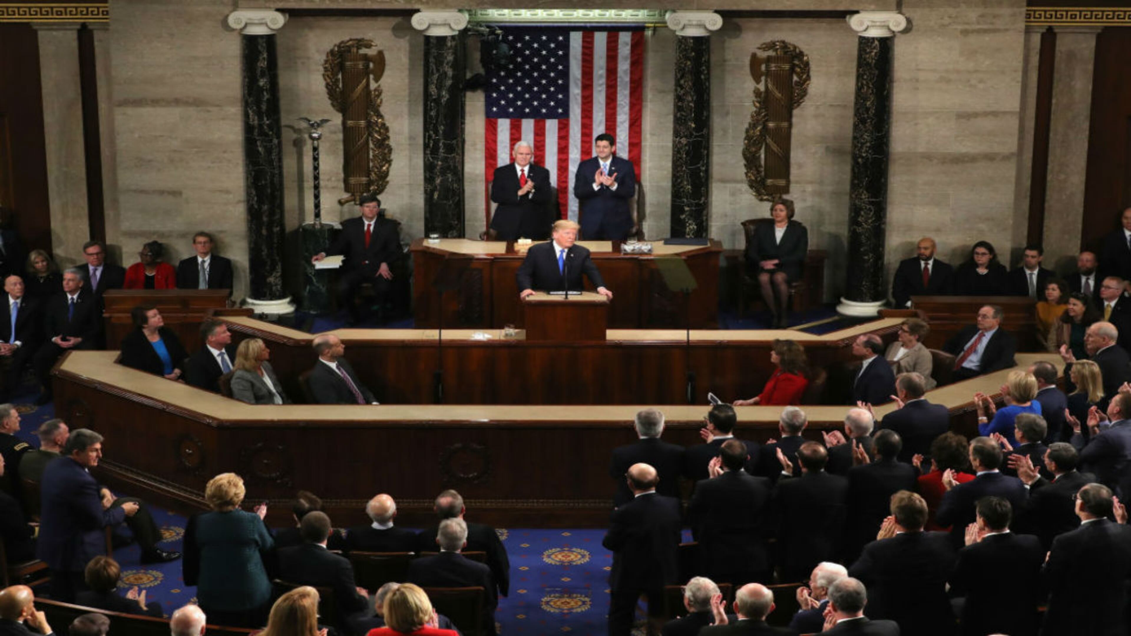 President Donald Trump delivered his first State of the Union address in the chamber of the U.S. House of Representatives before a joint session of Congress January 30, 2018, in Washington, DC.