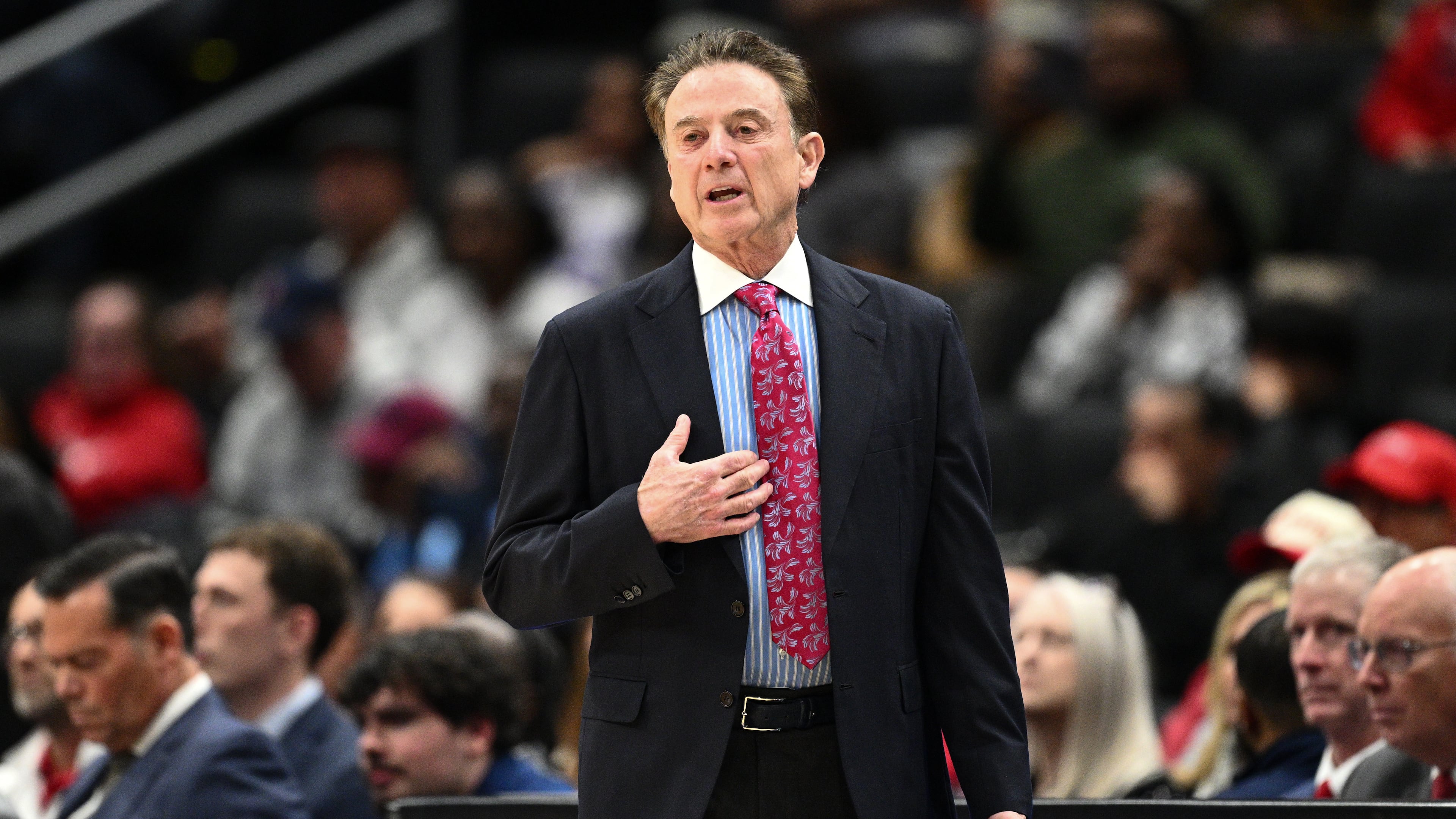 St. John's head coach Rick Pitino gestures during the first half of an NCAA college basketball game against Georgetown, Wednesday, Dec. 31, 2025, in Washington. (AP Photo/Nick Wass)