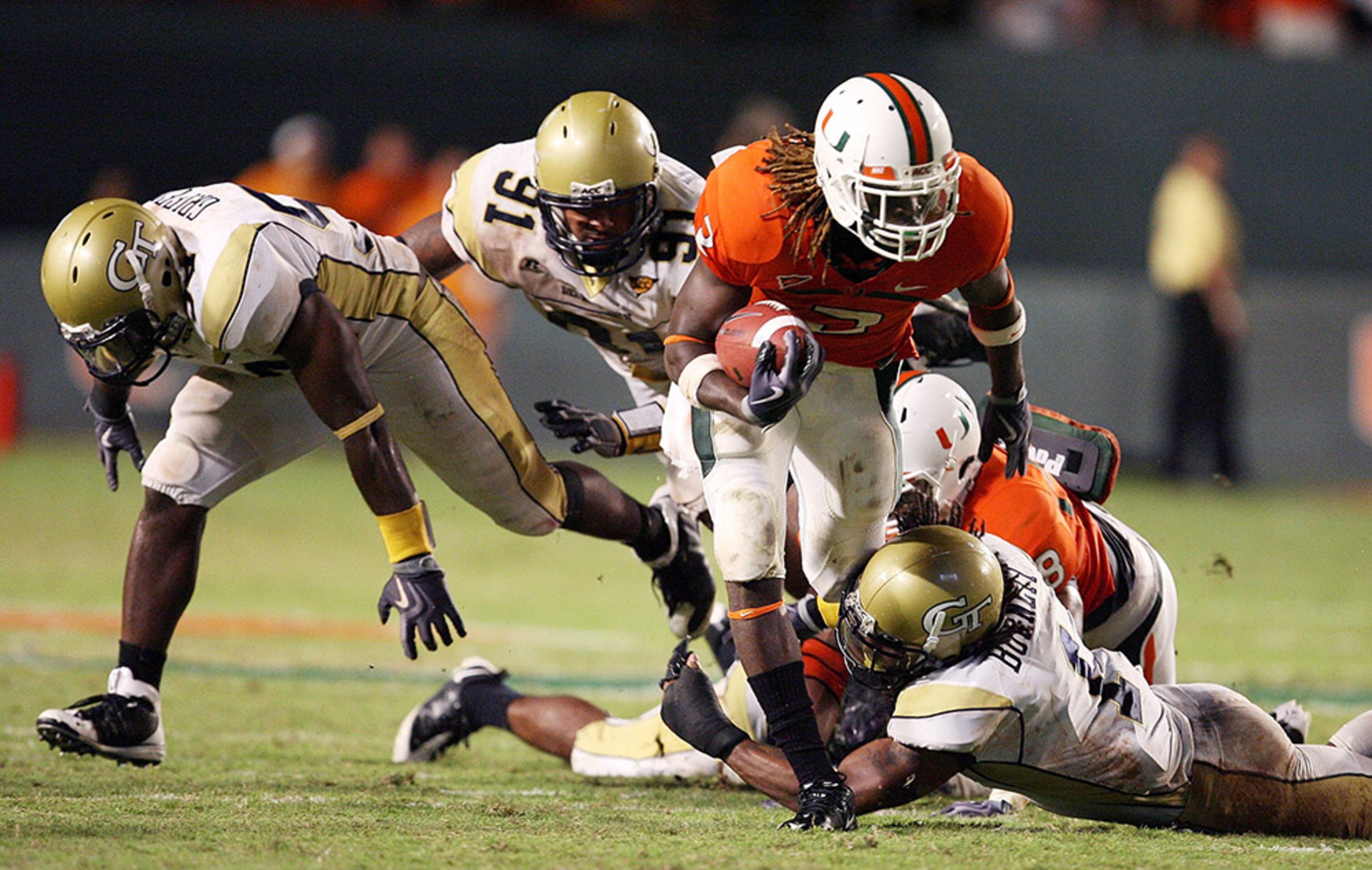 (20) Miami 33, (14) Georgia Tech 17, Sept. 17, 2009 - Miami scored on its first three possessions, built a 24-3 lead shortly after halftime and outgained the Yellow Jackets (454-228) by nearly a 2-to-1 margin. Miami held the Yellow Jackets to 95 yards rushing -- 60 of those coming on the game's first drive to score the 33-17 victory on a Thursday night in Miami.