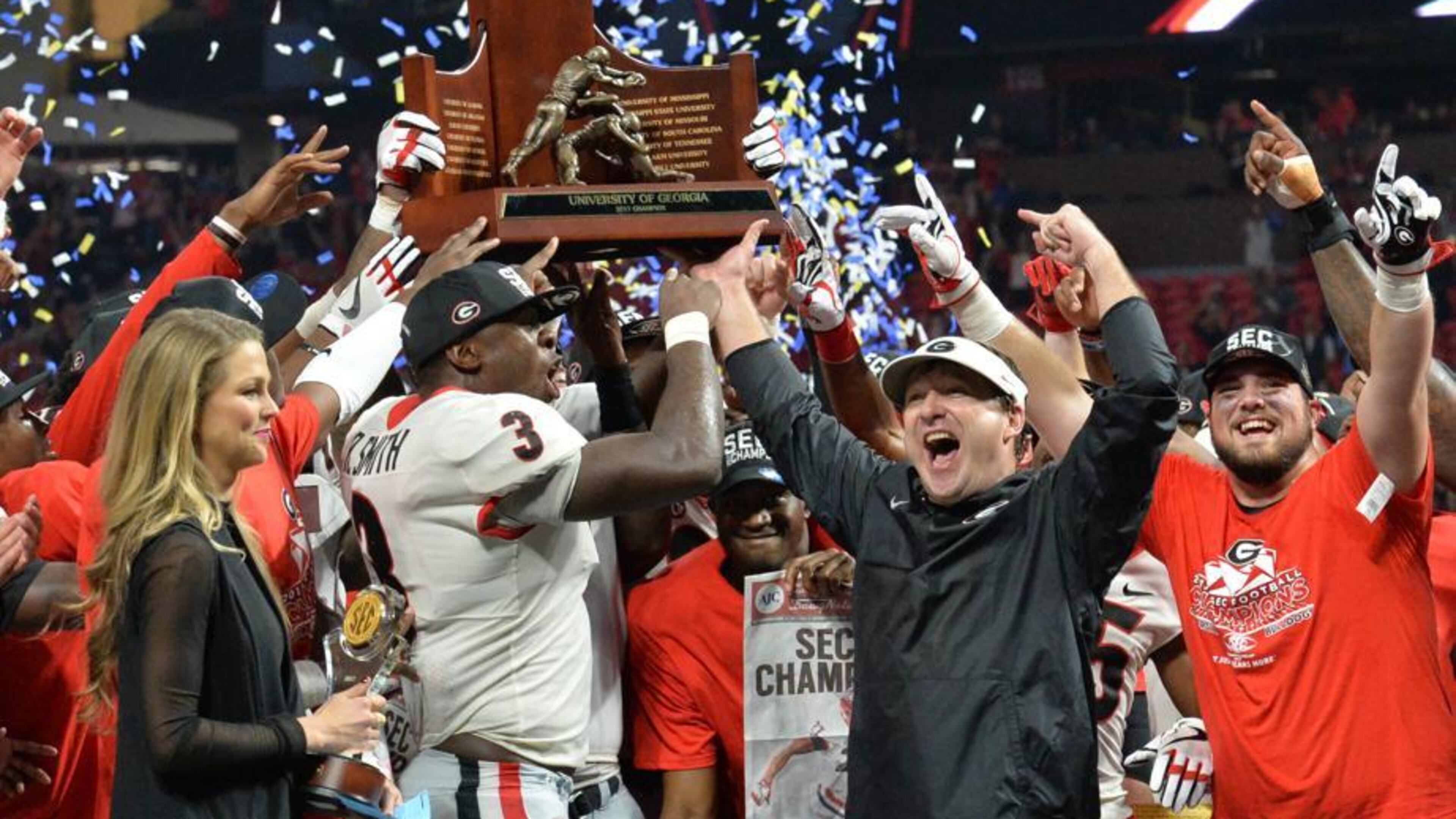 Georgia rejoices after the SEC Championship. AJC photo