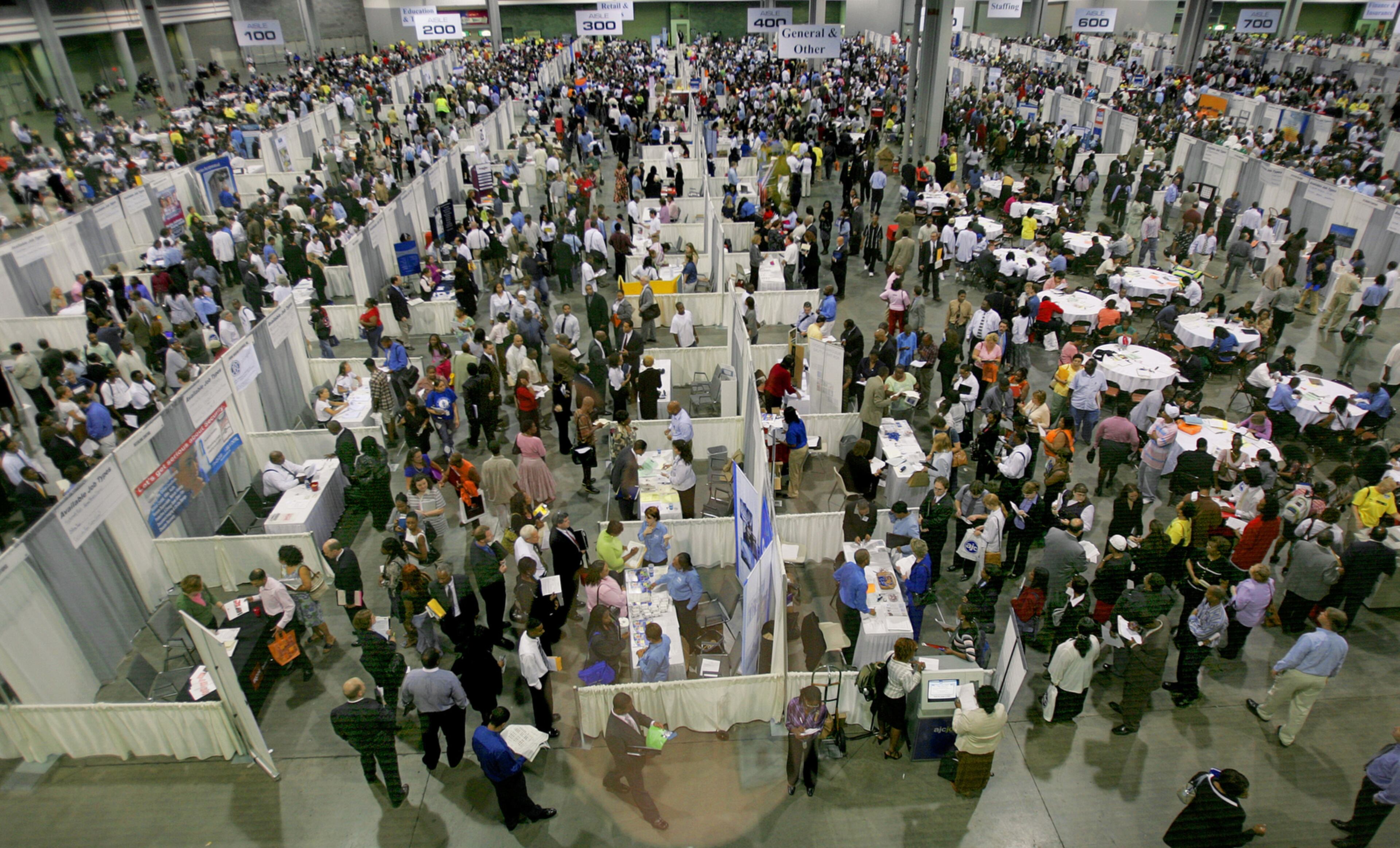 050927 - ATLANTA/FULTON COUNTY -- So many hurricane evacuees and metro Atlantans sought jobs at a United Way job fair Tuesday, Sept. 27, 2005 at the Georgia World Congress Center that officials had to close the doors early. The 180 thousand square feet of space in convention hall B proved to be not enough. The United Way has scheduled another job fair next month to meet demand. United Way official Erin Steele said demand far exceeded expectations and capacity. More than 15,000 job seekers were in line by noon. As many as 8,000 people have called the agency requesting information about the fair, some of them evacuees from hurricanes Katrina and Rita. (JOHN SPINK/AJC staff)