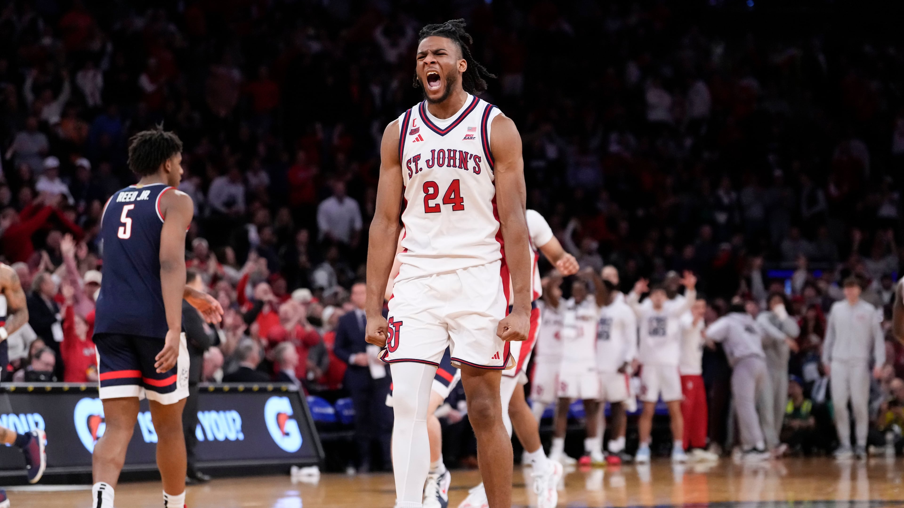 St. John's forward Zuby Ejiofor (24) reacts during the second half of an NCAA college basketball game against UConn in the championship of the Big East tournament, Saturday, March 14, 2026, in New York. (AP Photo/Yuki Iwamura)
