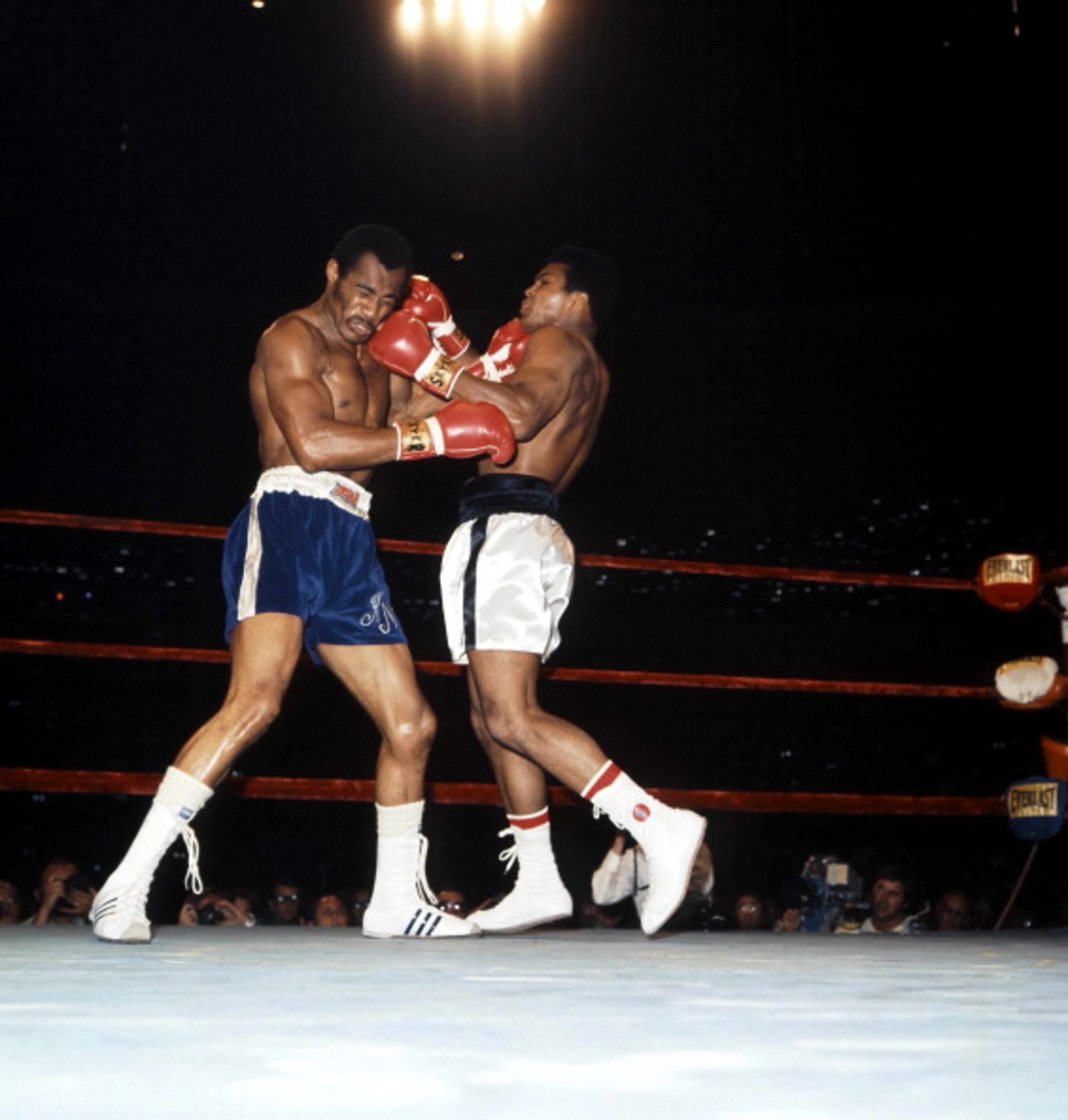 INGLEWOOD,CA - SEPTEMBER 10,1973: Muhammad Ali (R) lands a punch against Ken Norton during the fight at Forum in Inglewood, California. Muhammad Ali won the NABF heavyweight title by a SD 12. (Photo by: The Ring Magazine/Getty Images)