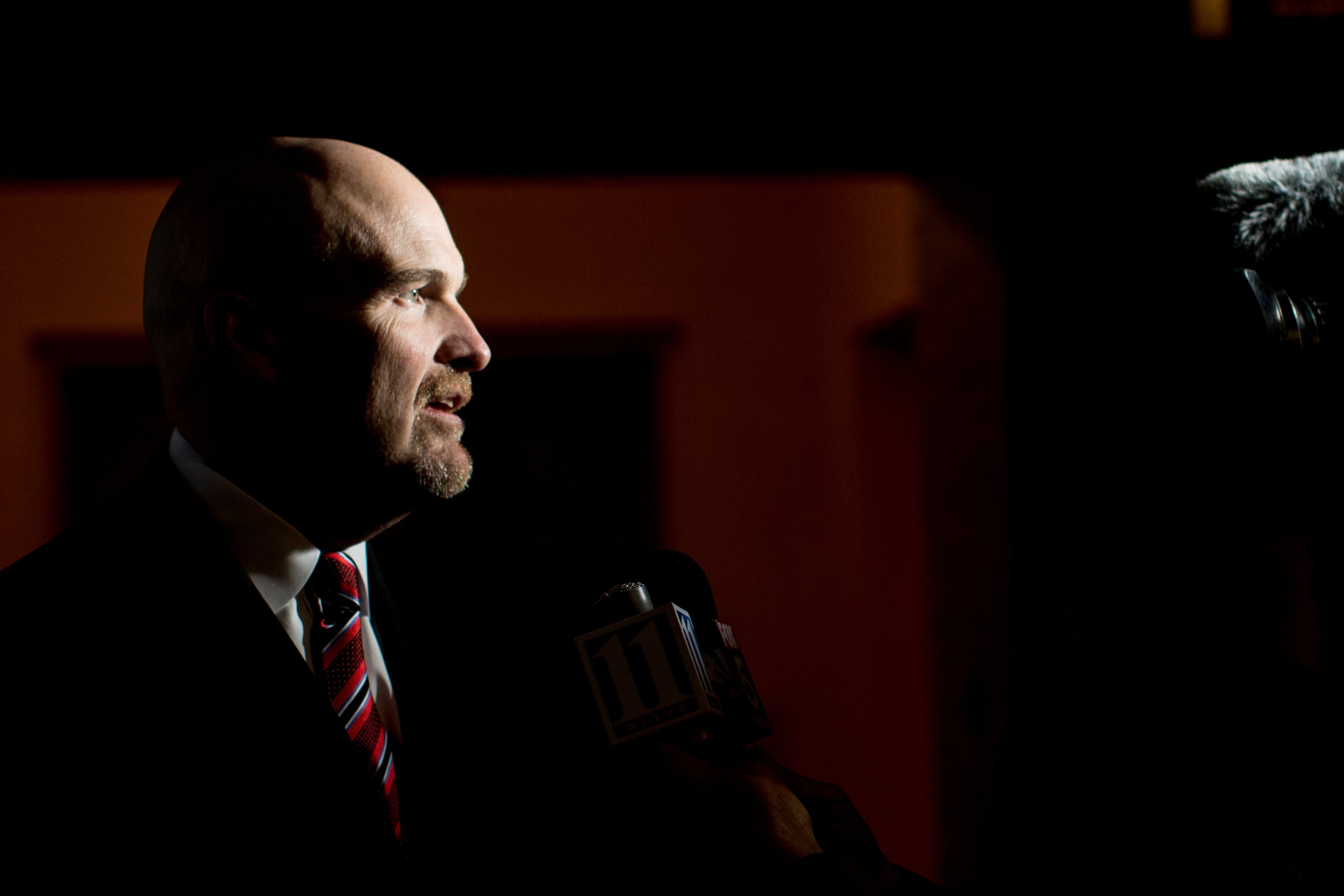 Atlanta Falcons Head Coach Dan Quinn speaks to the media during the 10th annual Atlanta Sports Awards held at the Fox Theatre, Thursday, March 5, 2015, in Atlanta. (SPECIAL/BRANDEN CAMP)