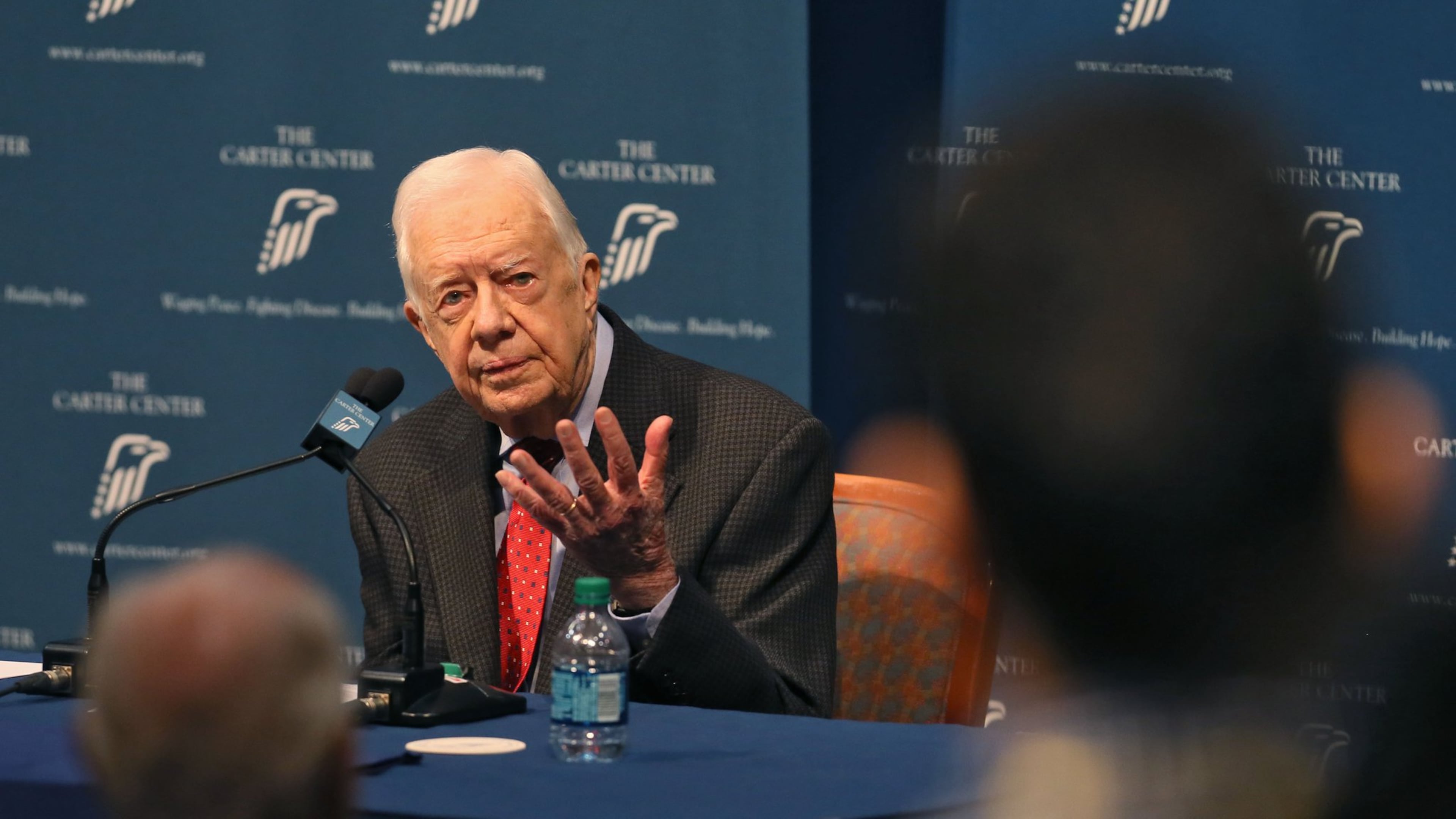 Former President Jimmy Carter discusses his cancer diagnosis at the Carter Center in 2015. Doctors removed small masses from his liver in early August. (Bob Andres/AJC 2015)
