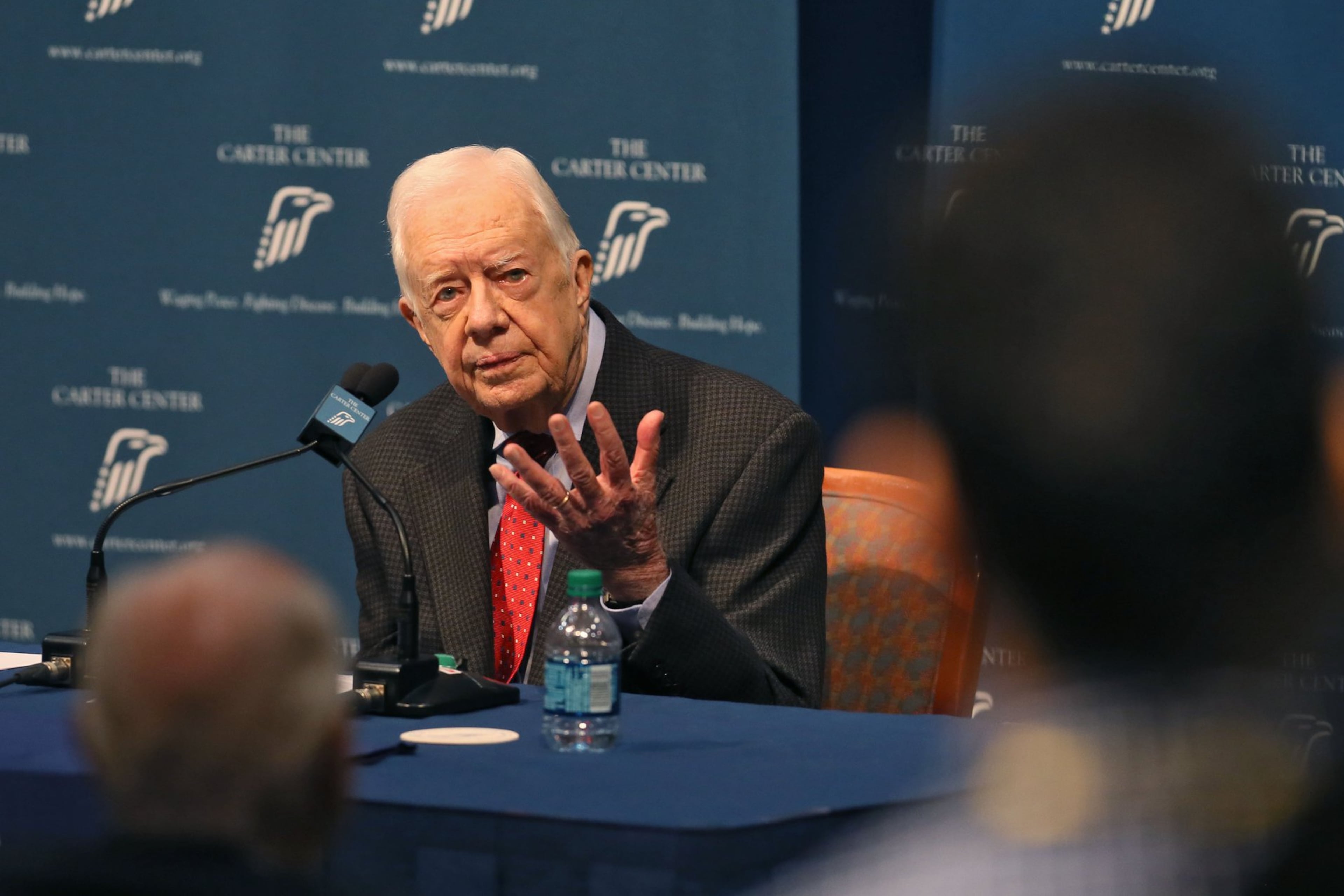 Former President Jimmy Carter discusses his cancer diagnosis at the Carter Center in 2015. Doctors removed small masses from his liver in early August. (Bob Andres/AJC 2015)
