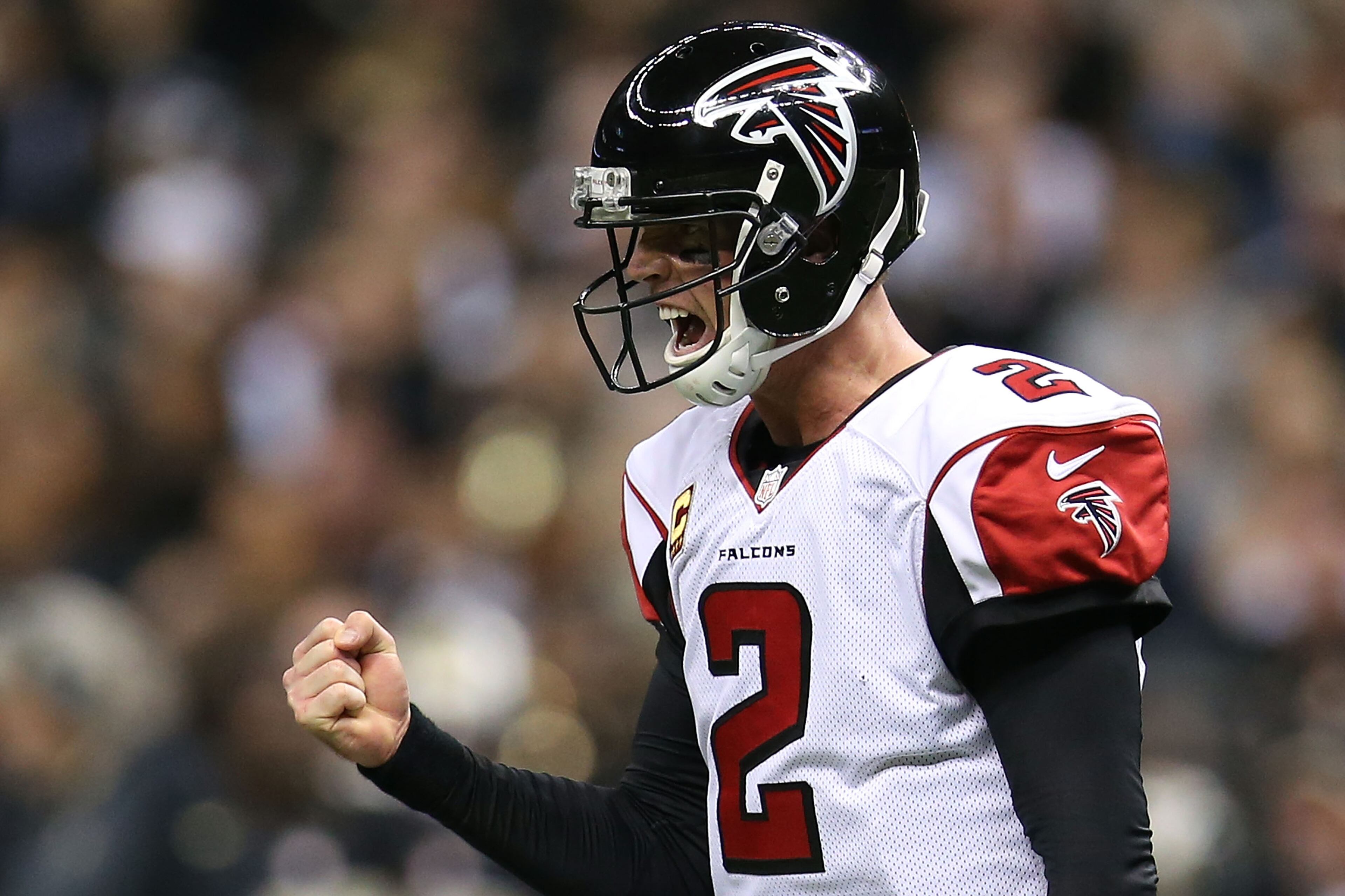 NEW ORLEANS, LA - DECEMBER 21: Matt Ryan #2 of the Atlanta Falcons celebrates a touchdown during the second quarter of a game against the New Orleans Saints at the Mercedes-Benz Superdome on December 21, 2014 in New Orleans, Louisiana. (Photo by Chris Graythen/Getty Images)