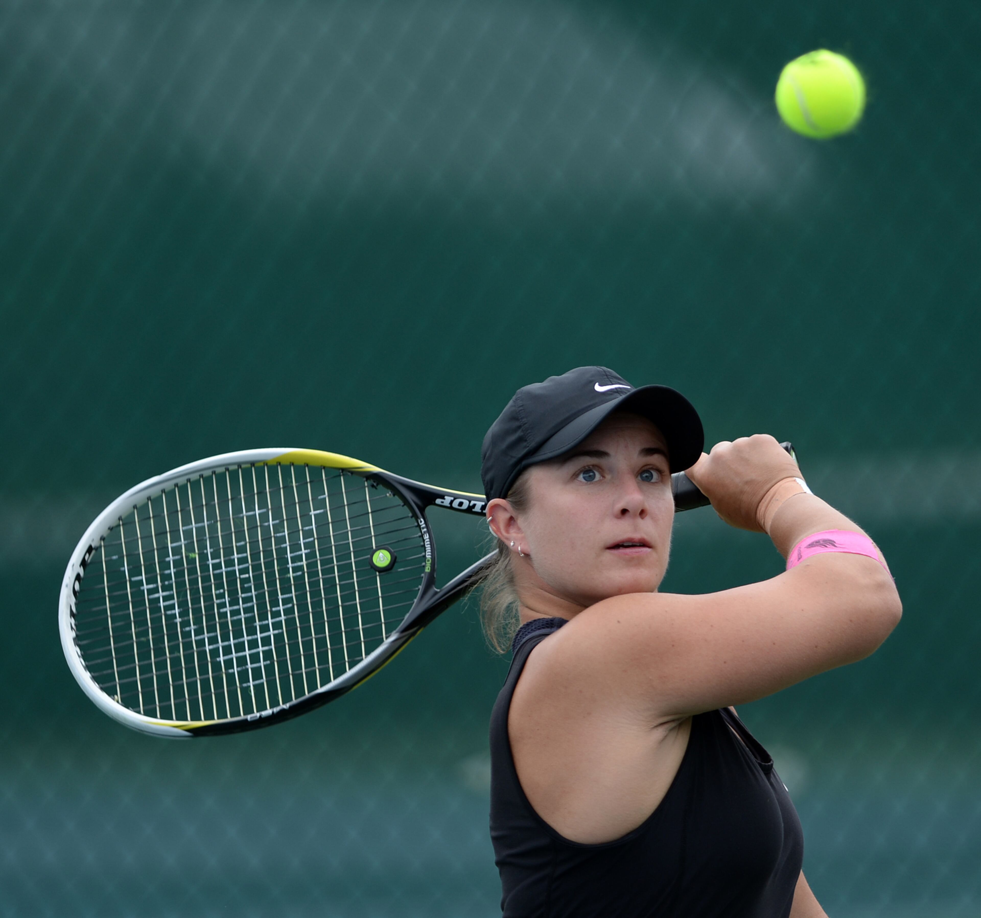 Lucy Shuker, South Africa, keeps her eyes on the ball during the Atlanta Open Wheelchair Tennis Championships at the Dunwoody Country Club on Wednesday, May 1, 2013. She won her match 6-1,6-0 against Emmanuelle Morch, France. JOHNNY CRAWFORD / JCRAWFORD@AJC.COM