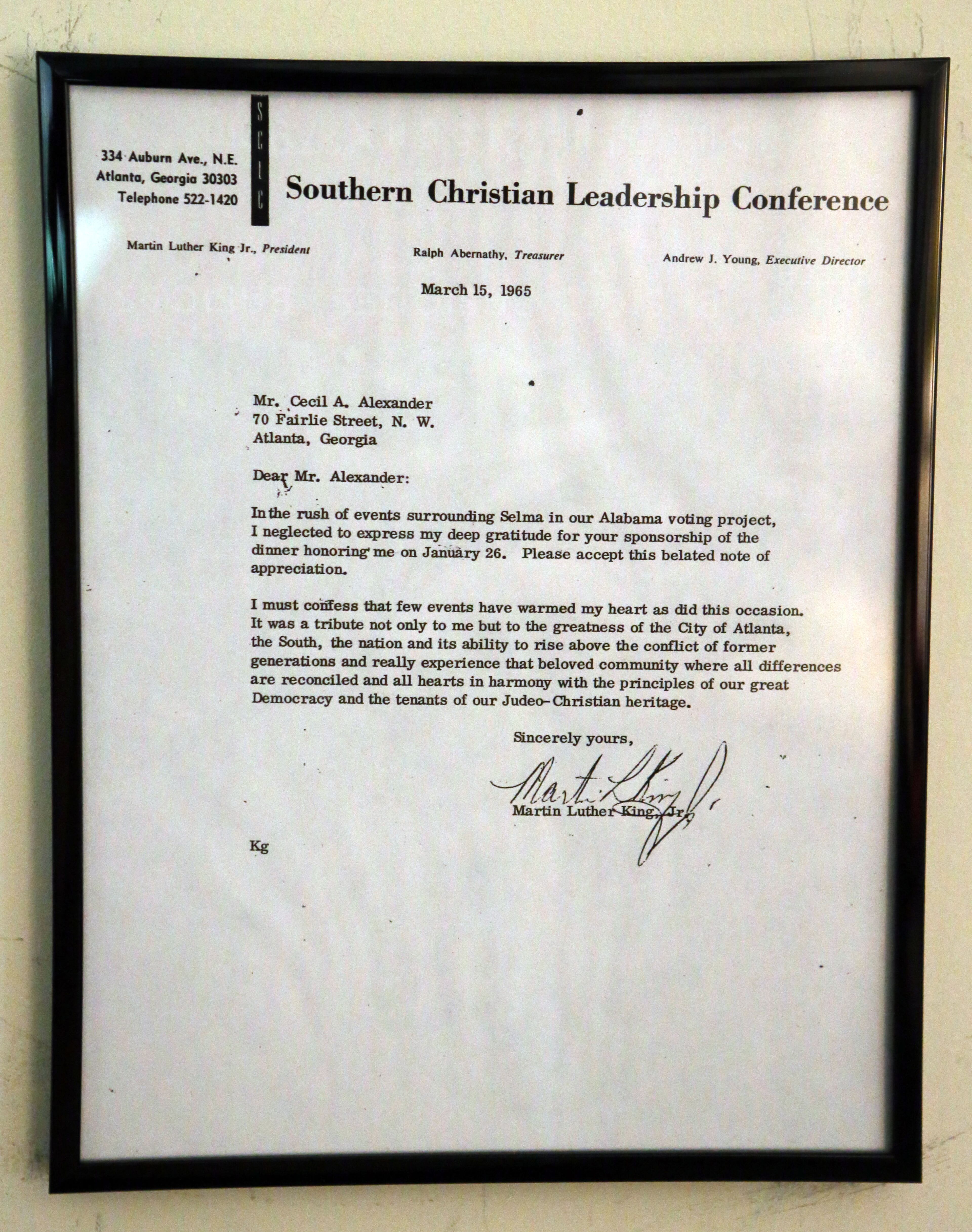 A framed letter signed by Martin Luther King hangs in the bedroom of Alexander's Buckhead home. PHIL SKINNER / PSKINNER@AJC.COM