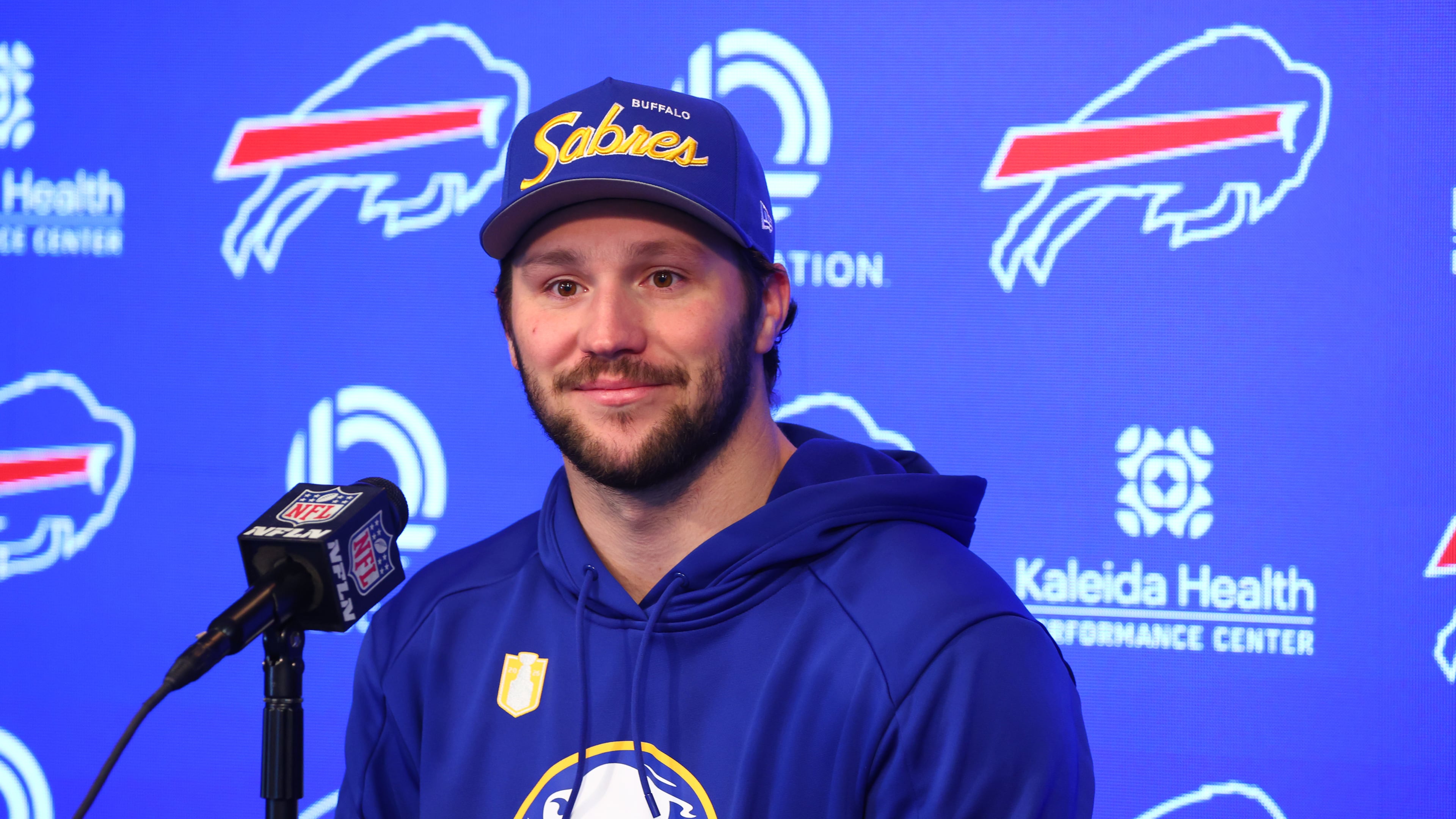 Buffalo Bills quarterback Josh Allen addresses the media during an NFL football news conference Monday, April 20, 2026, in Orchard Park, N.Y. (AP Photo/Jeffrey T. Barnes)