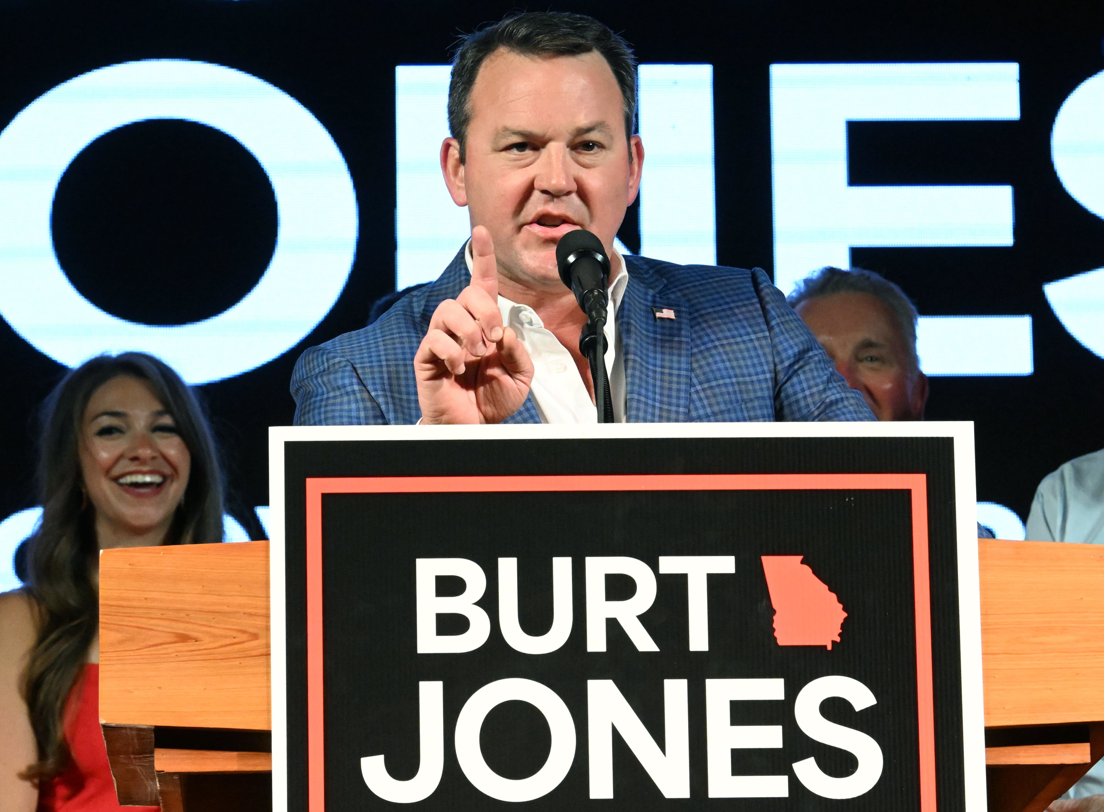 Lt. Gov. Burt Jones, who is running for governor, addresses supporters at his election night party last month in Jackson. (Hyosub Shin/AJC)