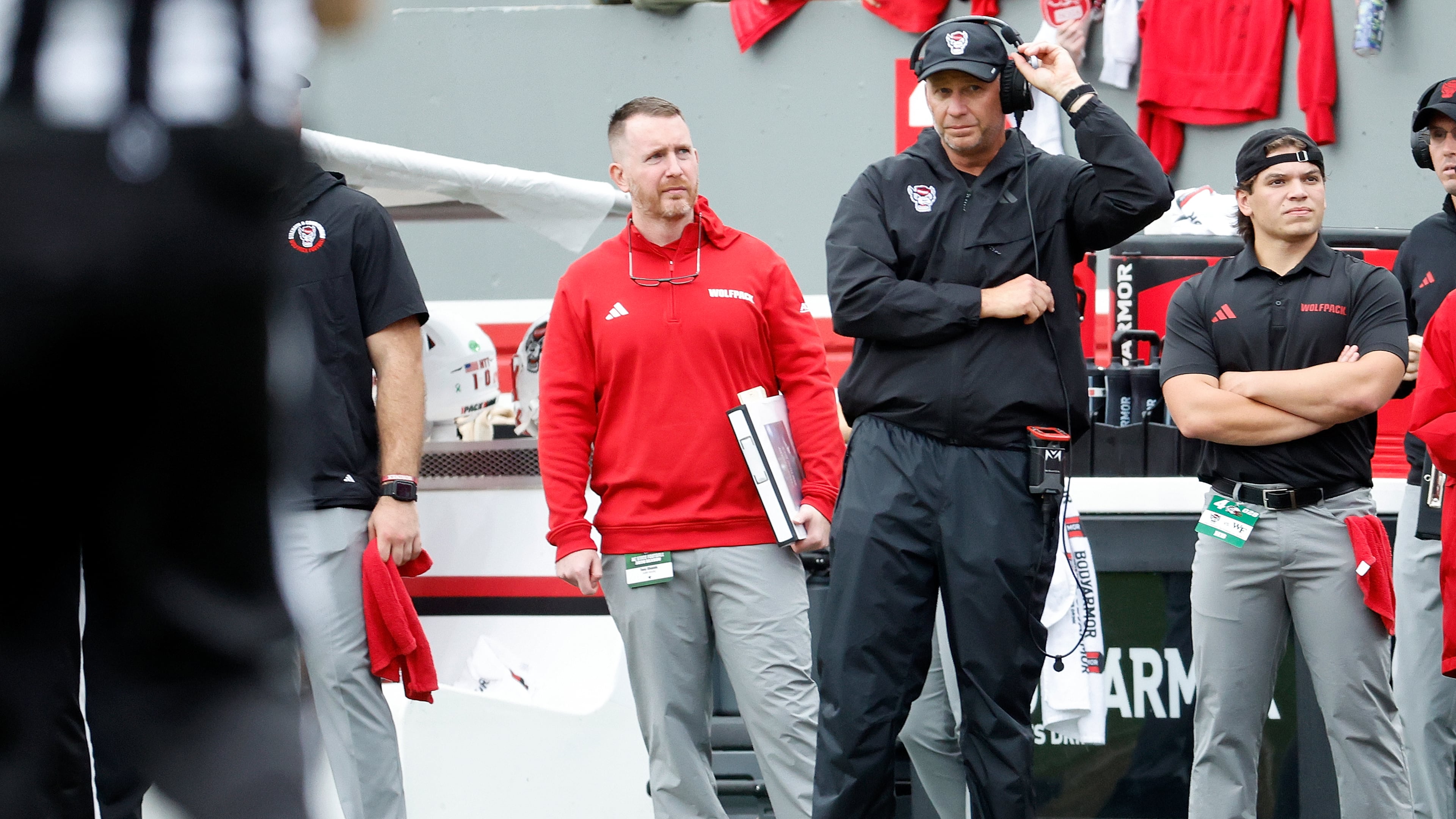 North Carolina State head coach Dave Doeren watches from the sideline against Wake Forest during the first half of an NCAA college football game in Raleigh, N.C., Saturday, Oct. 10, 2026. (AP Photo/Karl DeBlaker)