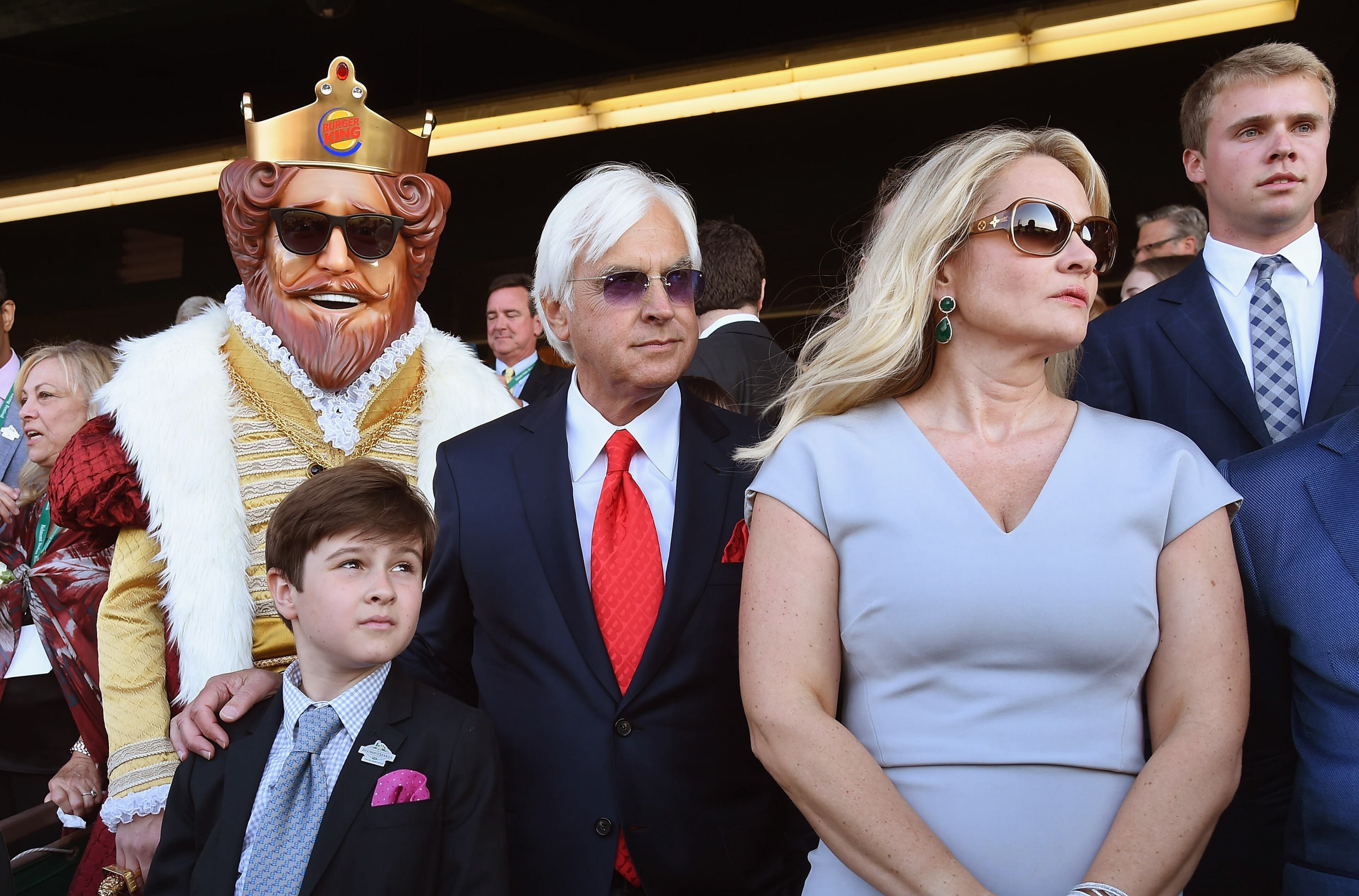 ELMONT, NY - JUNE 06: Trainer Bob Baffert (2nd-L) and Burger King attend the 147th Belmont Stakes on June 6, 2015 in Elmont City. (Photo by Gary Gershoff/Getty Images for Burger King)
