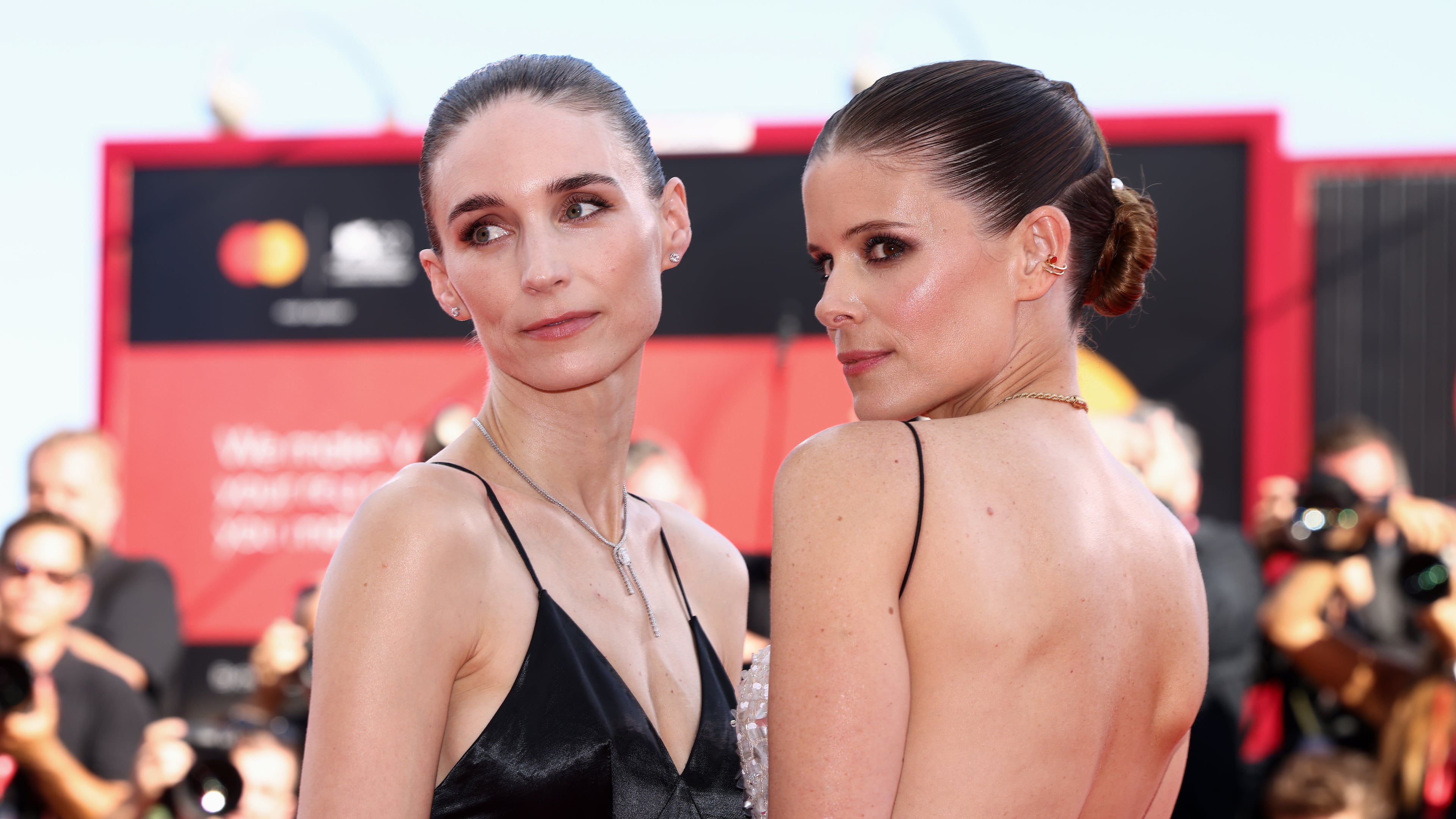Rooney Mara, left, and Kate Mara pose for photographers at the red carpet for the film 'Bucking Fastard' during the 83rd edition of the Venice Film Festival in Venice, Italy, on Thursday, Sept. 3, 2026. (Photo by Millie Turner/Invision/AP)