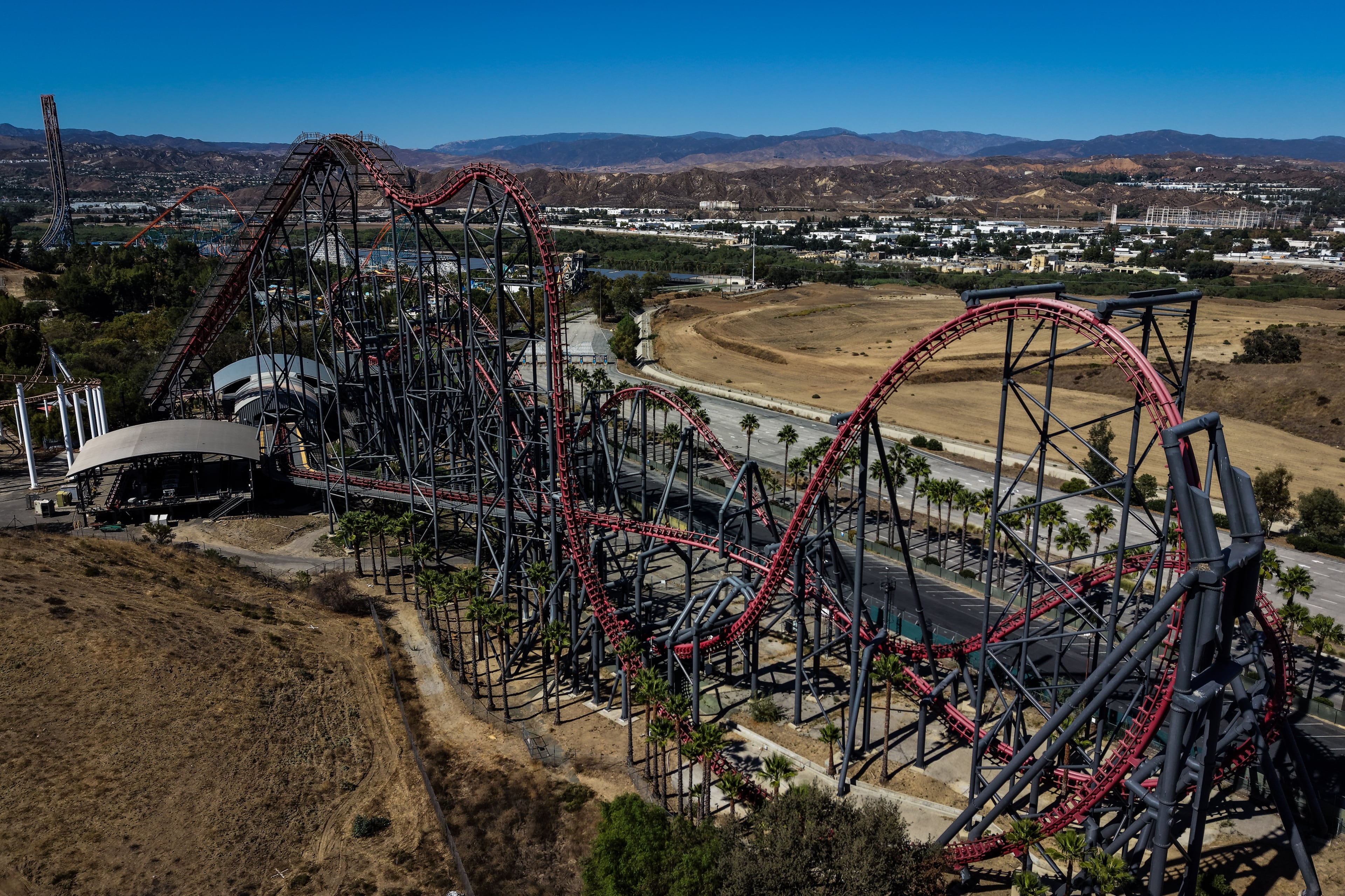 This aerial view shows the X2 roller coaster at Six Flags Magic Mountain in Valencia, Calif., on Sept. 23, 2026. (Jae C. Hong/AP File)
