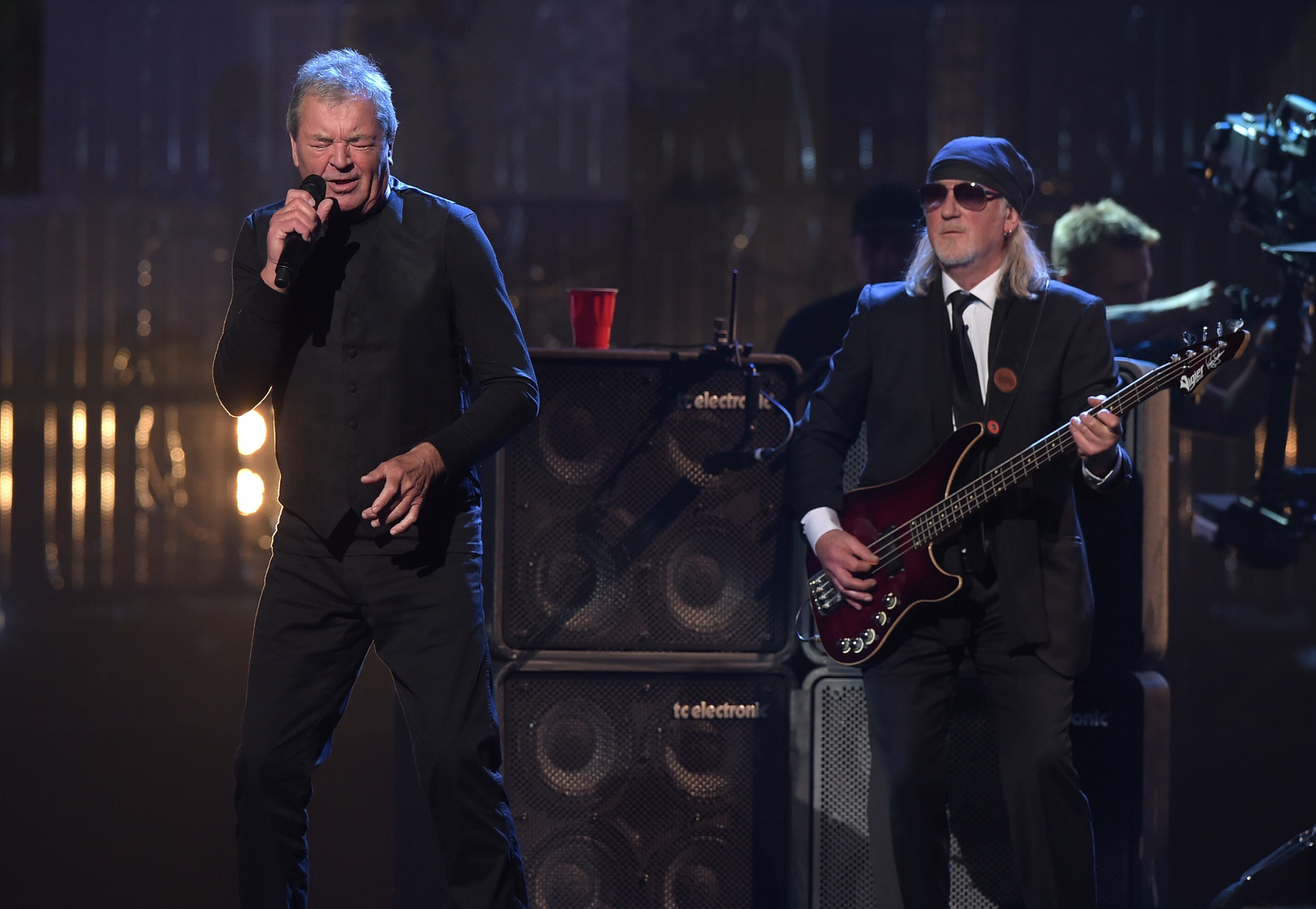 NEW YORK, NEW YORK - APRIL 08: Ian Gillan (L) and Roger Glover of Deep Purple perform at the 31st Annual Rock And Roll Hall Of Fame Induction Ceremony at Barclays Center on April 8, 2016 in New York City. (Photo by Theo Wargo/Getty Images)