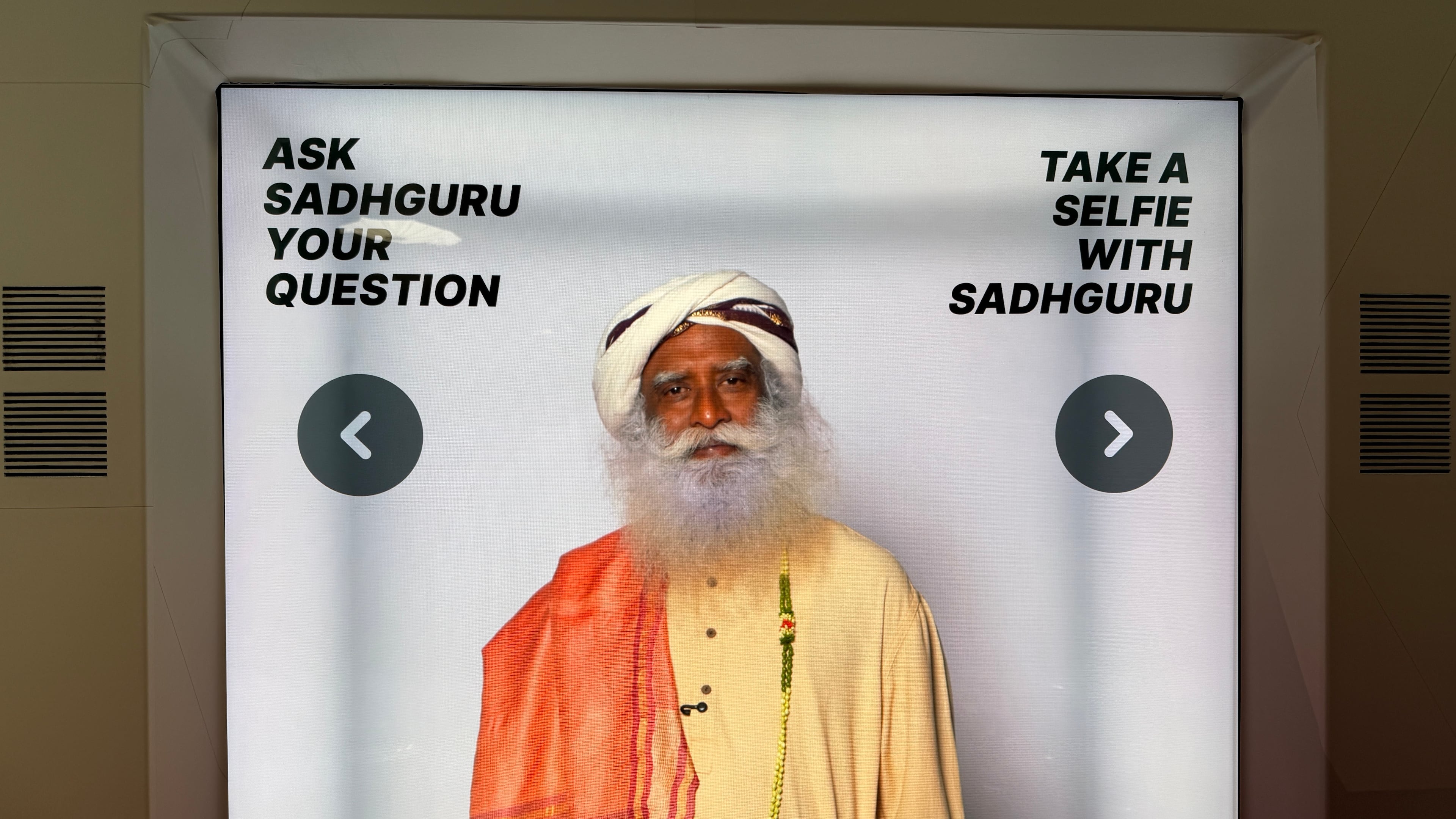 A lifelike Sadhguru chatbot powered by artificial intelligence is displayed Wednesday, Aug. 19, 2026, in Los Angeles. (AP Photo/Krysta Fauria)