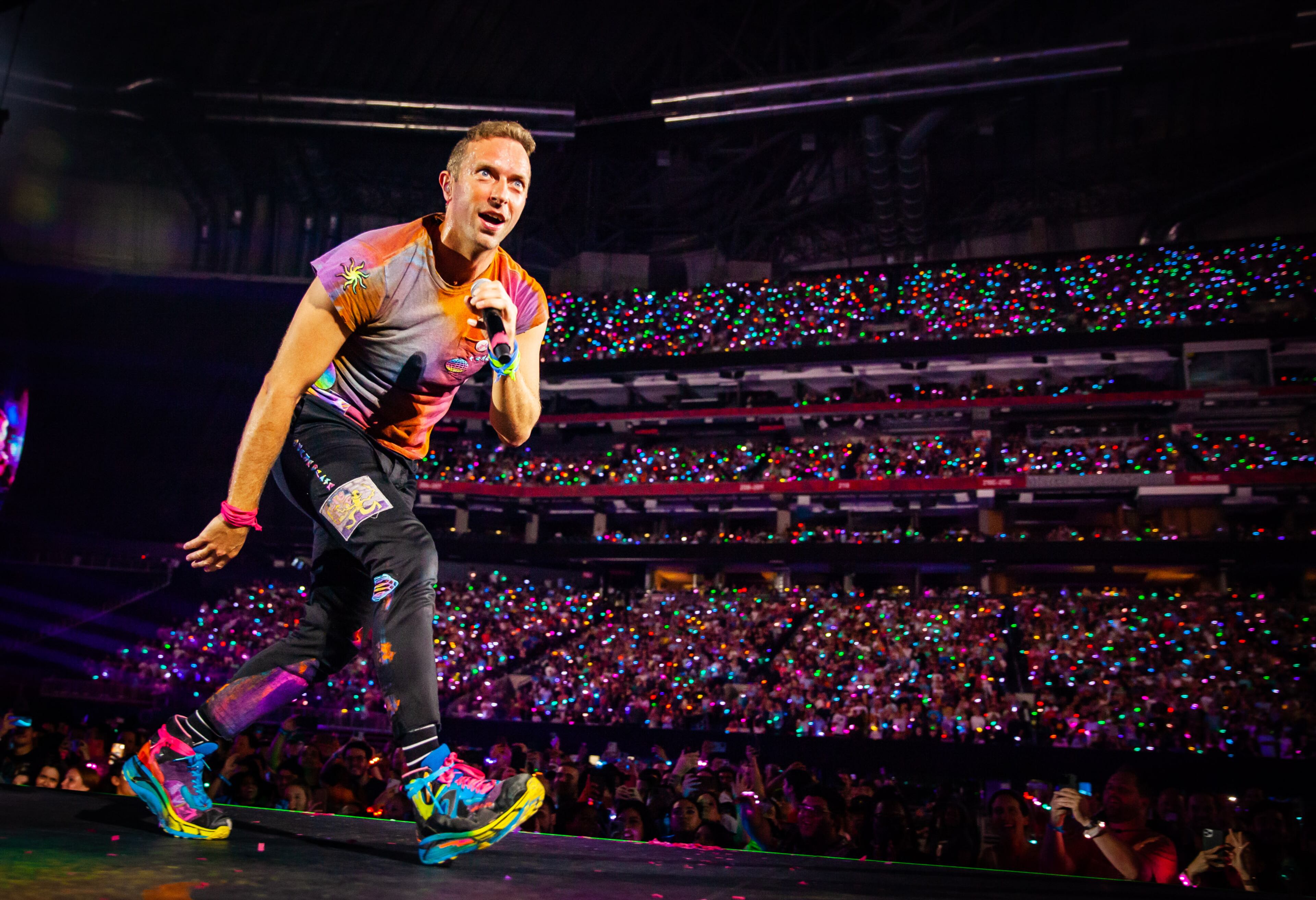 Coldplay, featuring energetic lead singer Chris Martin, brought its Music of the Spheres World Tour to Mercedes-Benz Stadium in Atlanta on Saturday night, June 11, 2022. (Ryan Fleisher for The Atlanta Journal-Constitution)