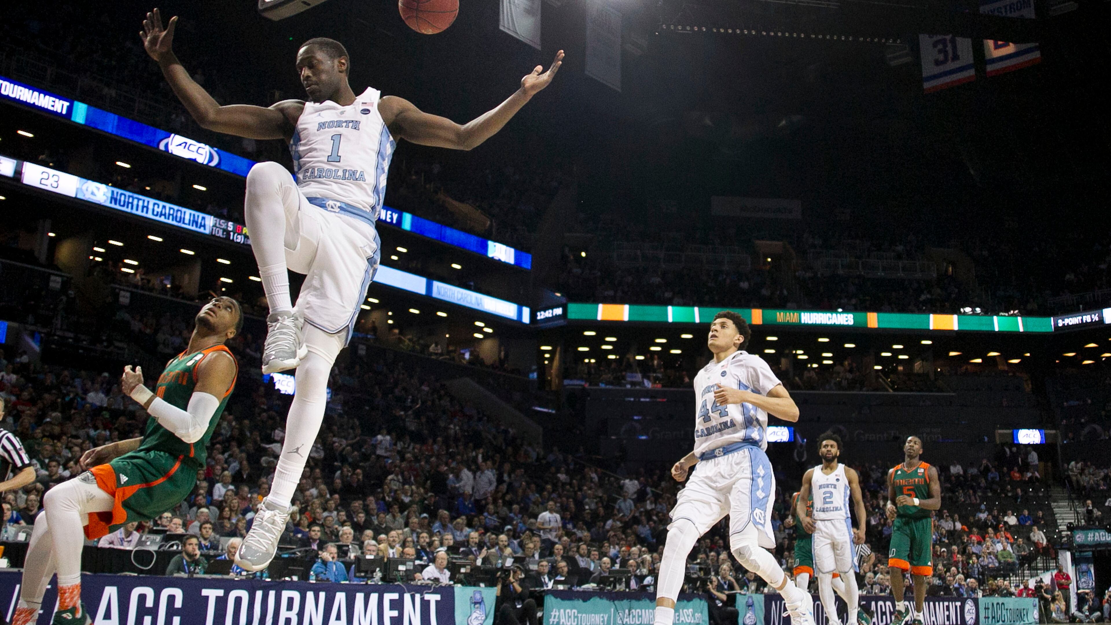 North Carolina’s Theo Pinson (1) dunks on a fast break during the first half against Miami in the quarterfinals of the ACC Tournament on Thursday, March 9, 2017, at the Barclays Center in Brooklyn, N.Y. The Tar Heels advanced, 78-53. (Robert Willett/Raleigh News & Observer/TNS)