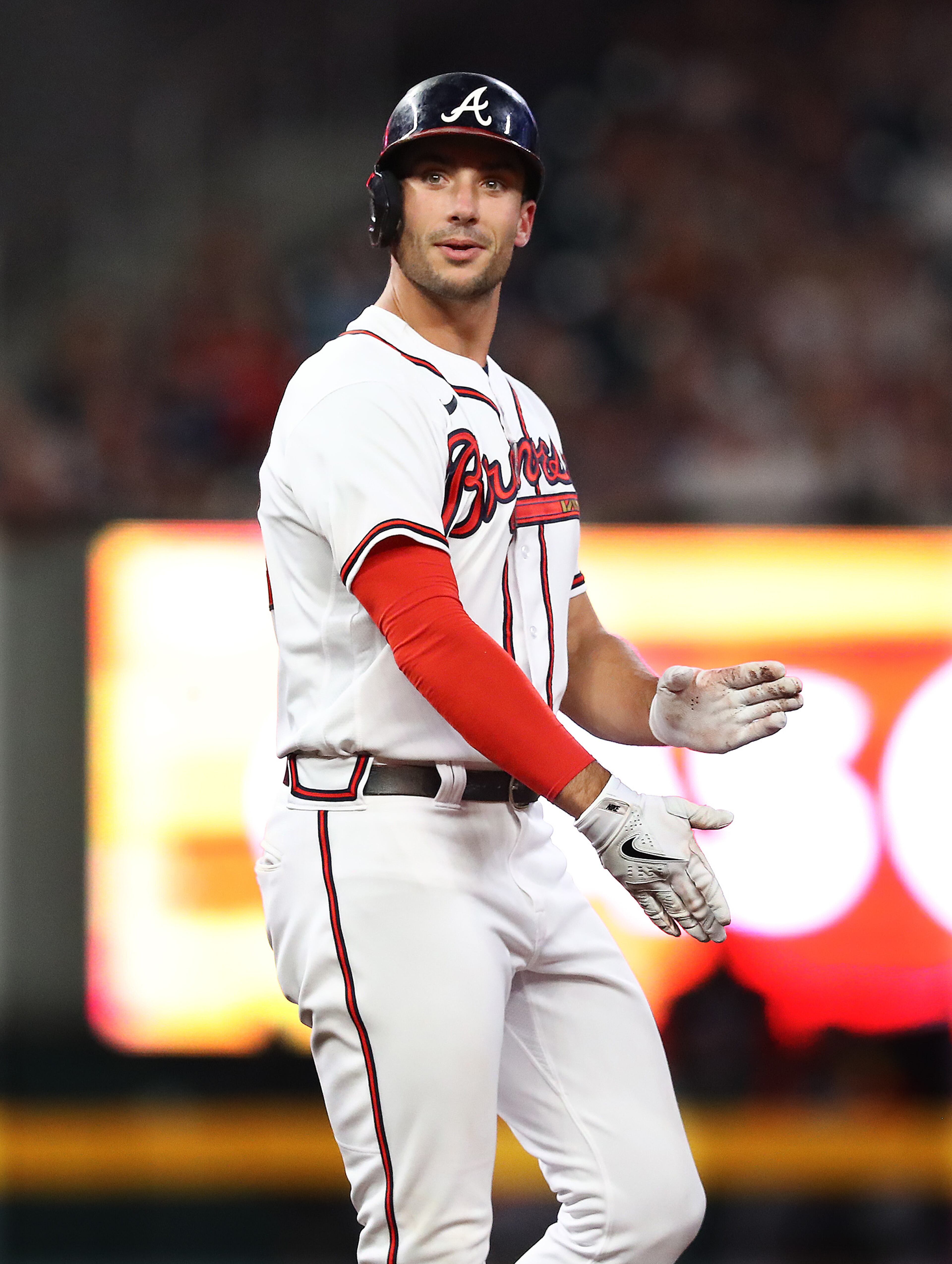 Braves first baseman Matt Olson celebrates after hitting a double against the Nationals during the fourth inning Monday night at Truist Park. (Curtis Compton / Curtis Compton@ajc.com)