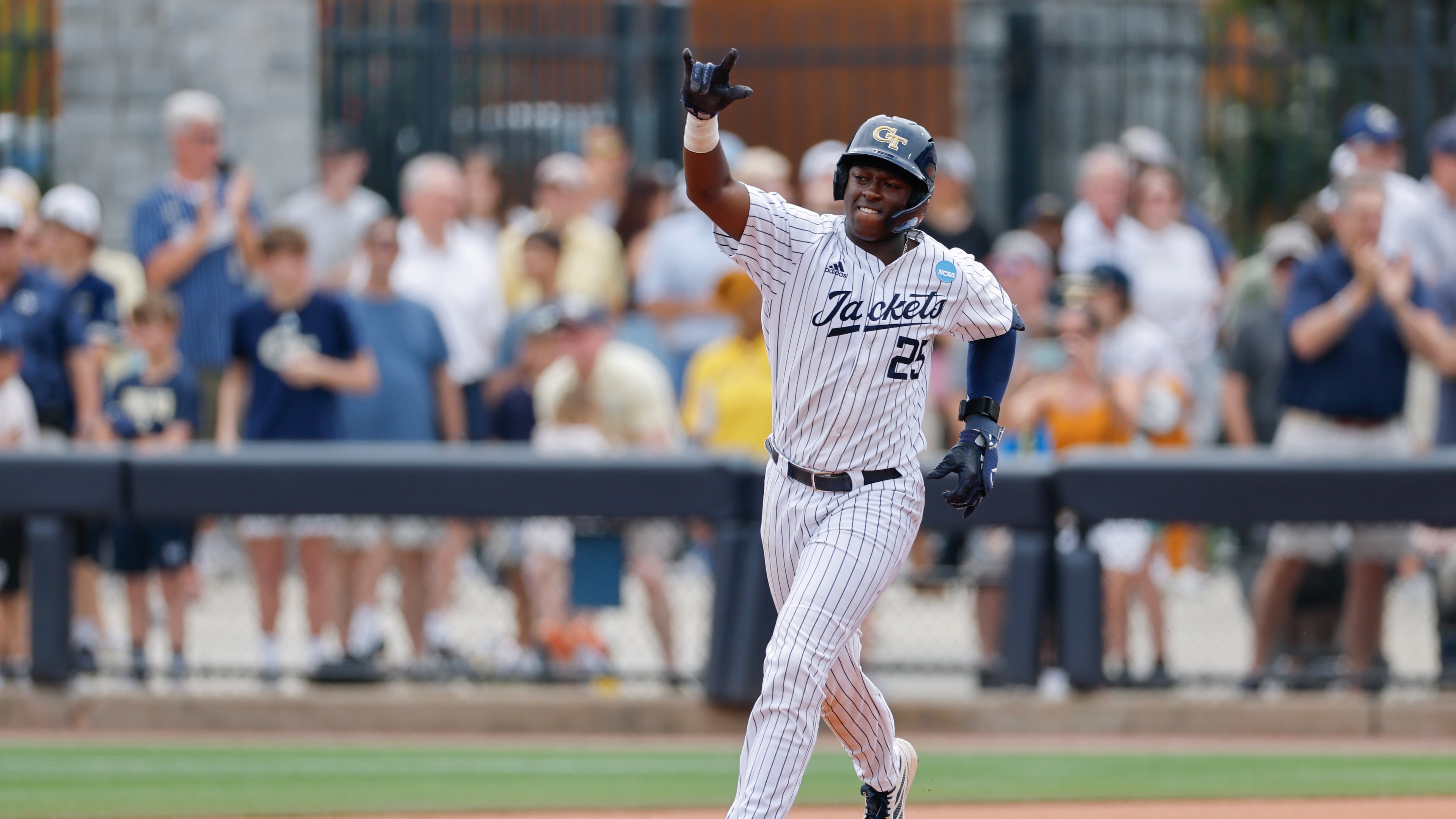 Georgia Tech catcher Vahn Lackey celebrates his two-run home run against Illinois Chicago during the Atlanta Regional at Russ Chandler Stadium on Friday, May 29, 2026. (Erik S. Lesser for the AJC)