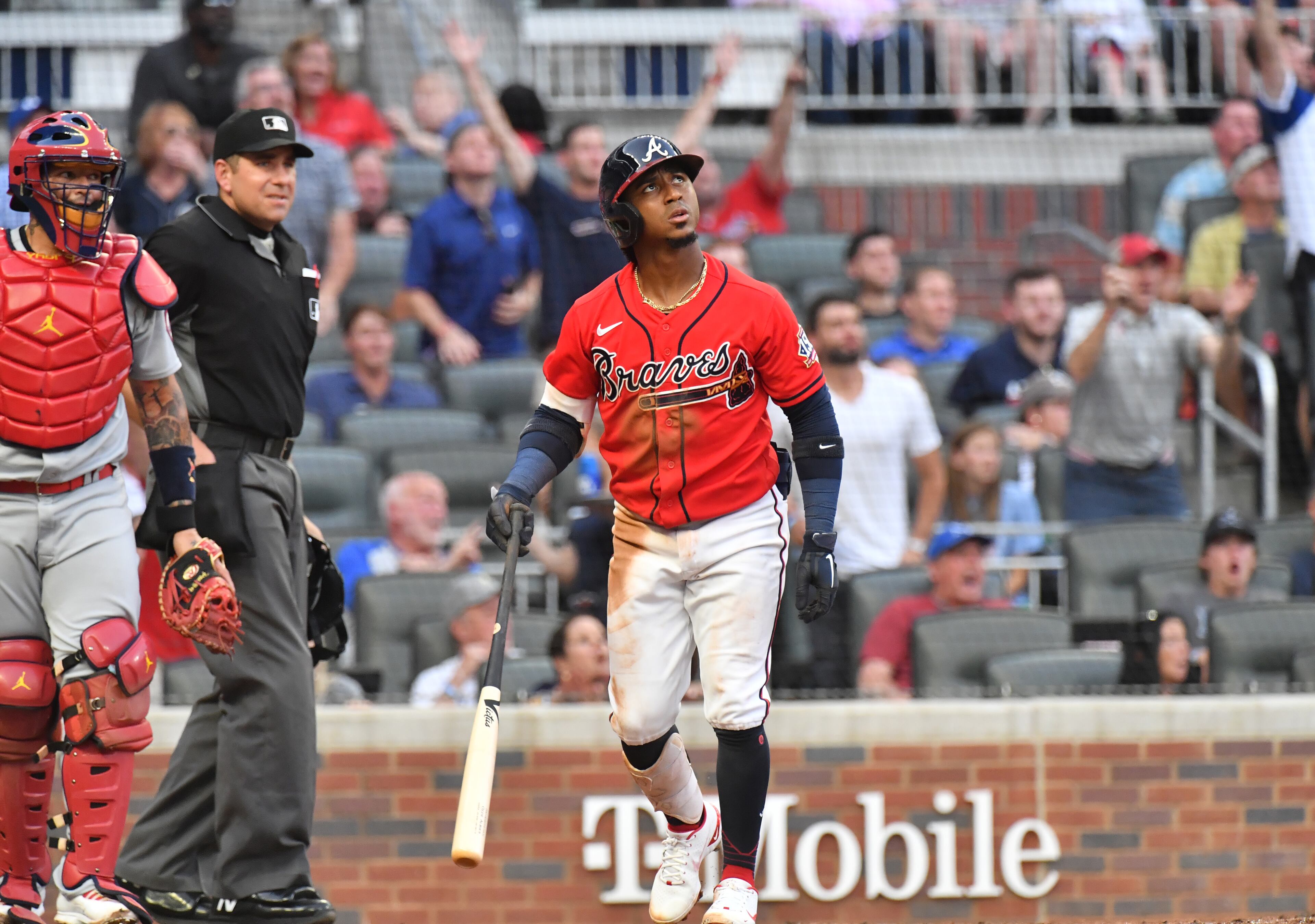 Braves second baseman Ozzie Albies (1) hits a home run in the second inning at Truist Park on Friday, June 18, 2021. (Hyosub Shin / Hyosub.Shin@ajc.com)