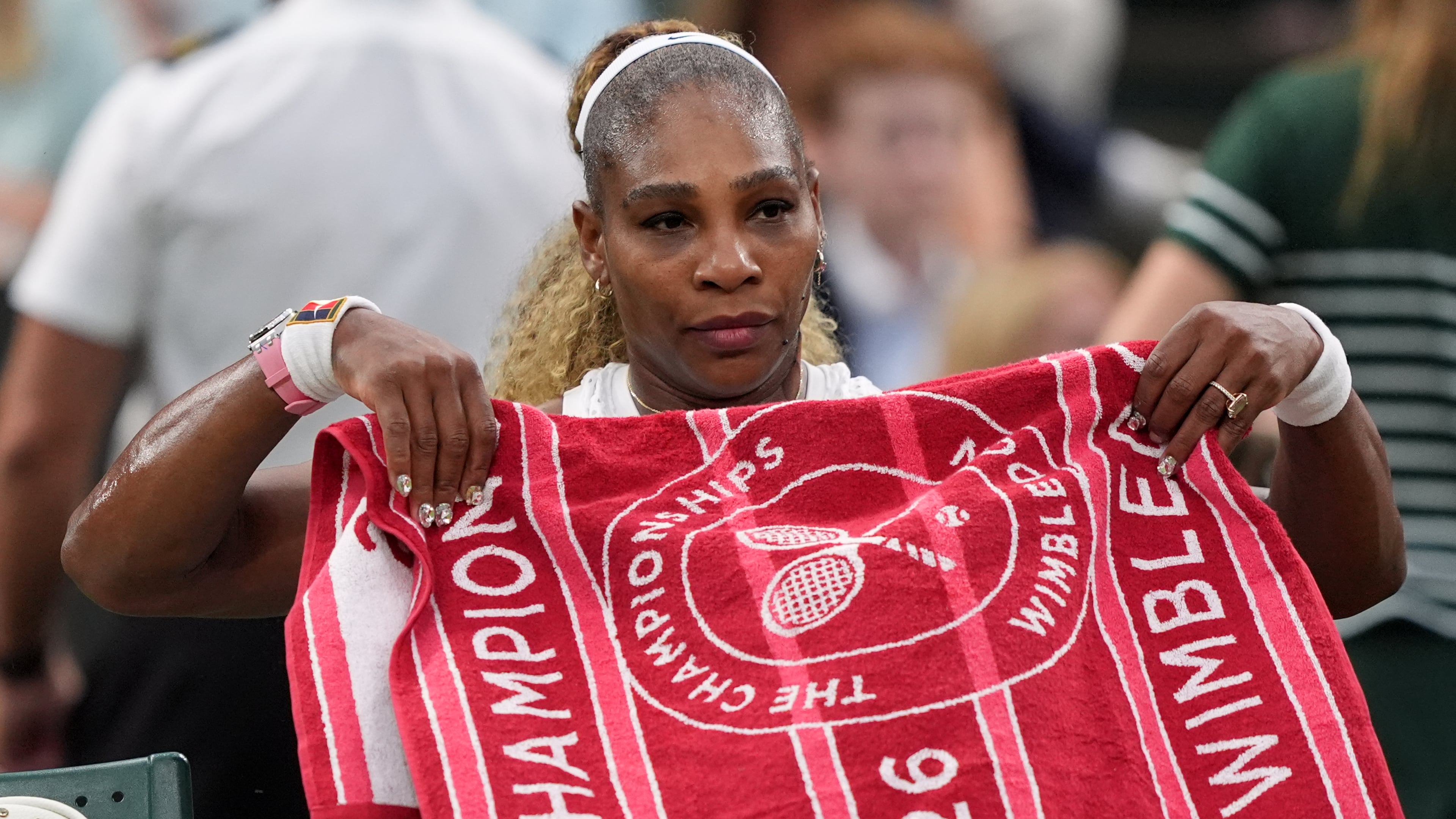 Serena Williams of the United States sits during a changeover in her first round women's singles match against Maya Joint of Australia, at the Wimbledon Tennis Championships in London, Tuesday, June 30, 2026. (AP Photo/Maja Smiejkowska)