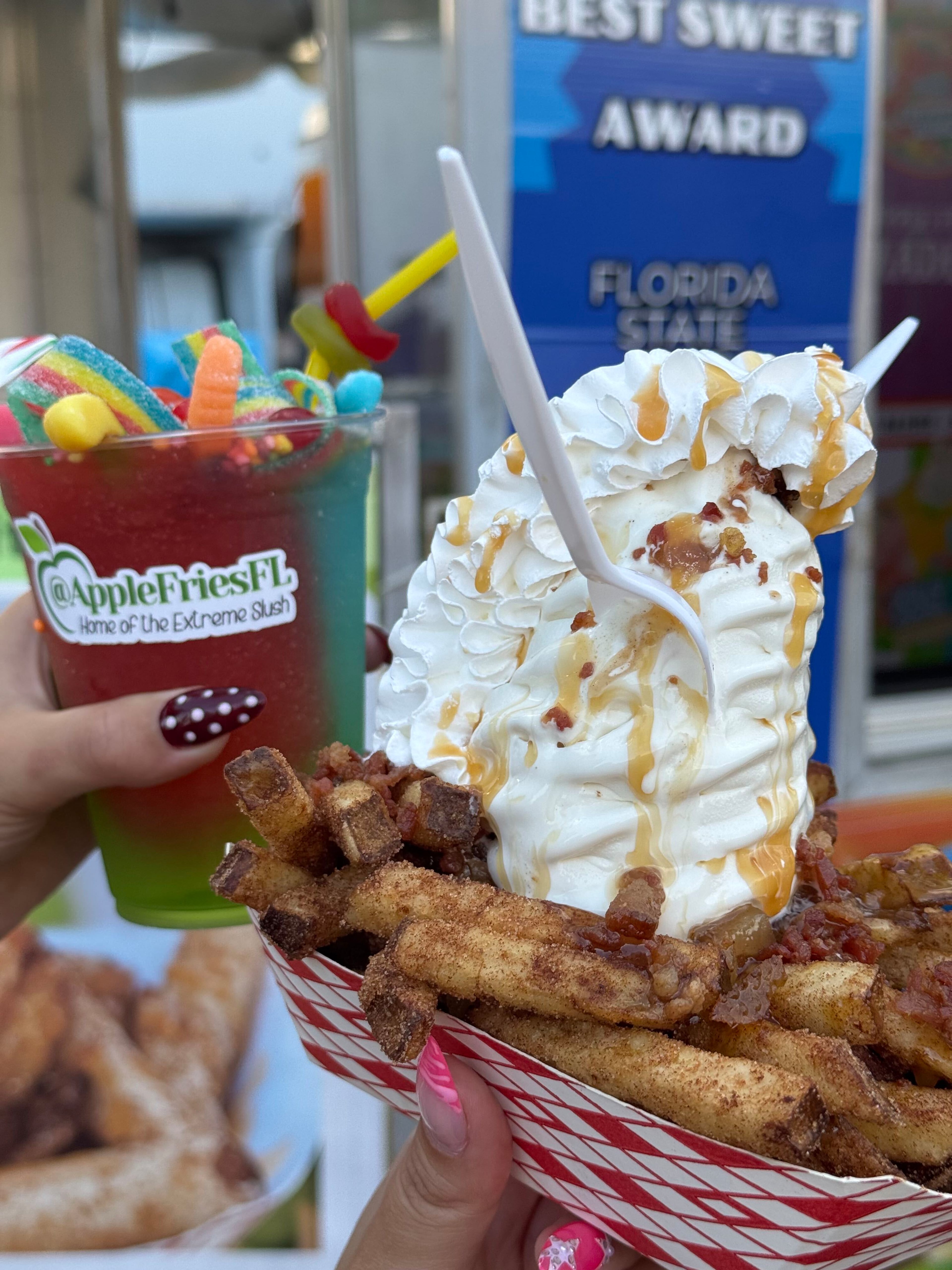 Find apple fries drizzled with Ghirardelli caramel at the Georgia National Fair Apple Fries stand. (Courtesy of Cary Seaholm)