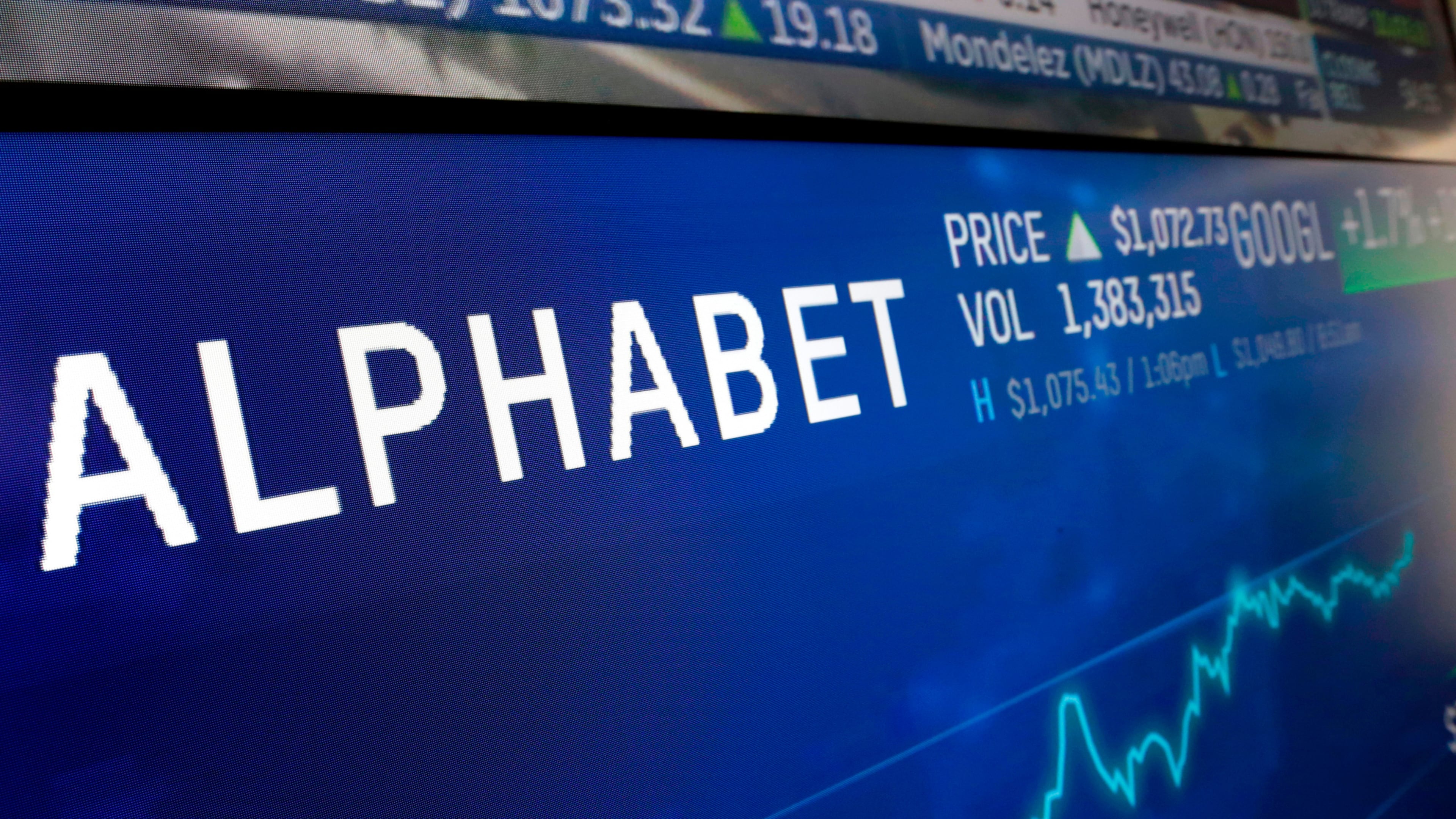 FILE - The logo for Alphabet appears on a screen at the Nasdaq MarketSite in New York, Feb. 14, 2018. (AP Photo/Richard Drew, File)