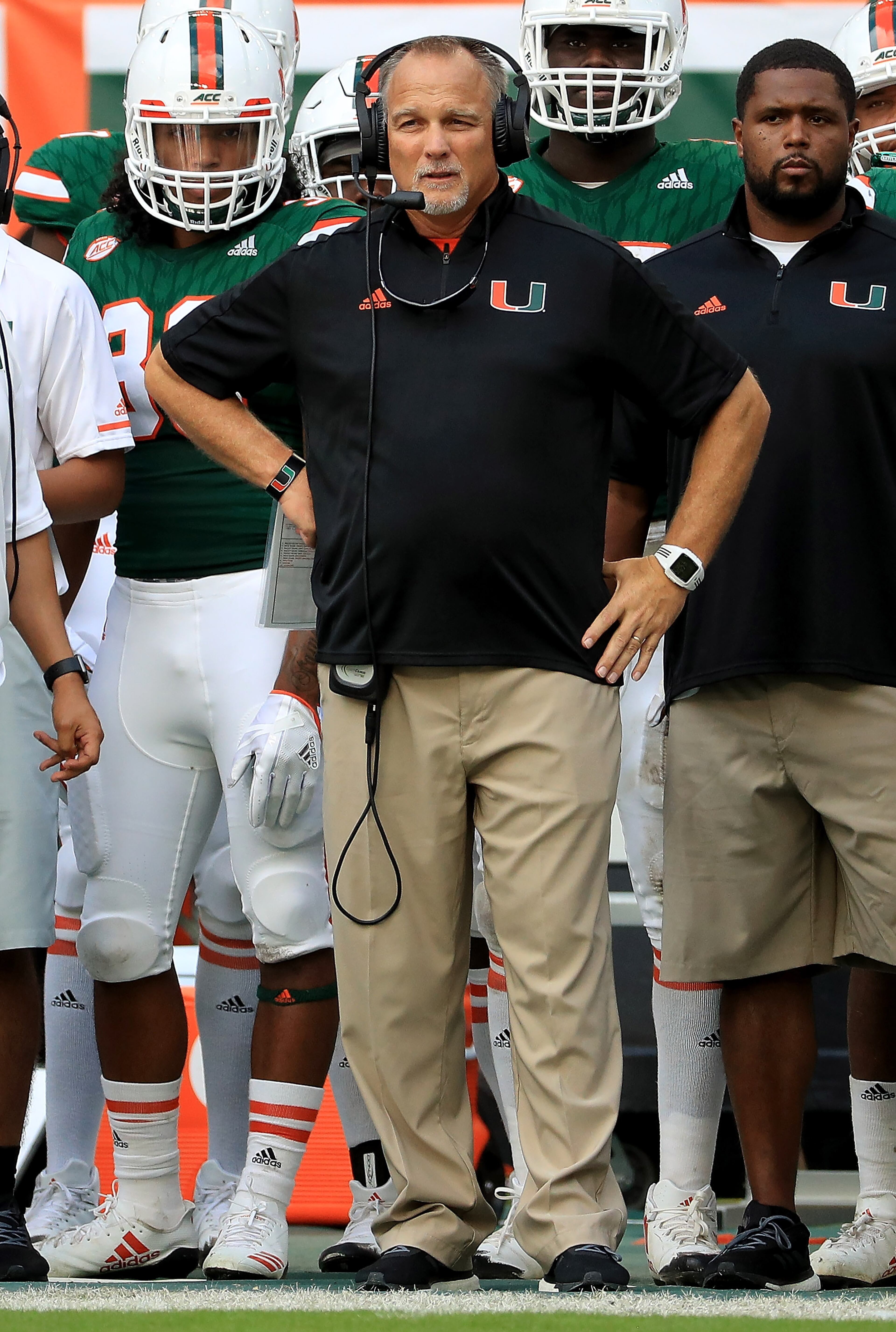 Head coach Mark Richt of the Miami Hurricanes looks on during a game against the Georgia Tech Yellow Jackets at Sun Life Stadium on October 14, 2017 in Miami Gardens, Florida. (Photo by Mike Ehrmann/Getty Images)