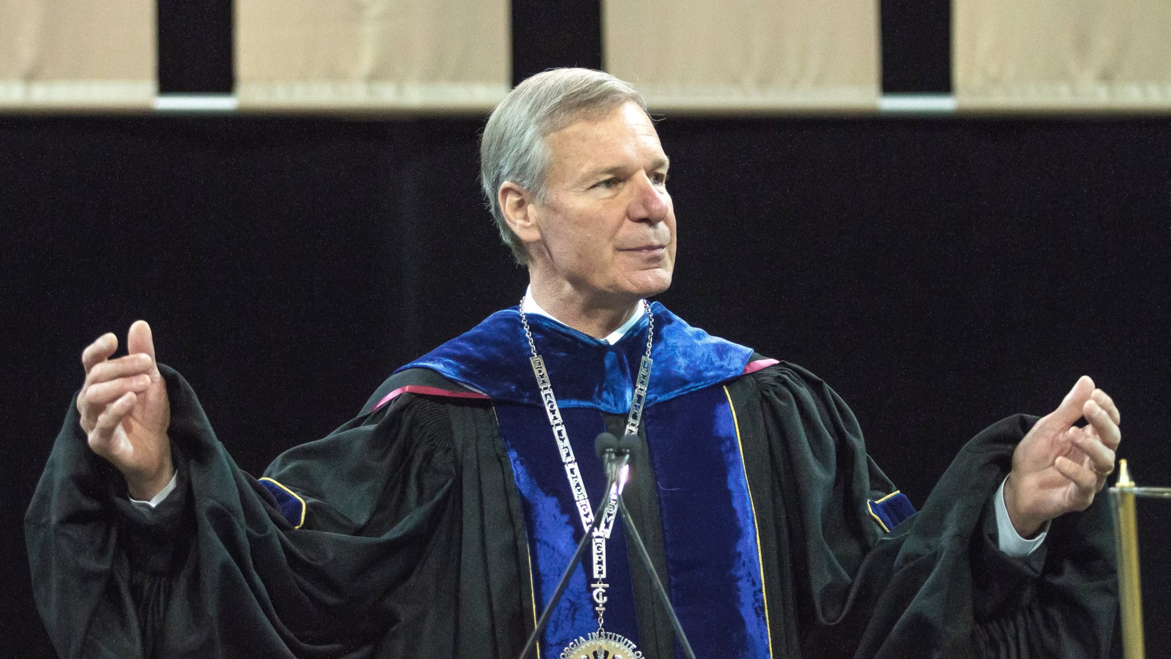 President G.P. “Bud” Peterson speaks to the crowd during the Georgia Tech graduation commencement ceremony at the McCamish Pavilion Saturday, May 5, 2018. STEVE SCHAEFER / SPECIAL TO THE AJC.