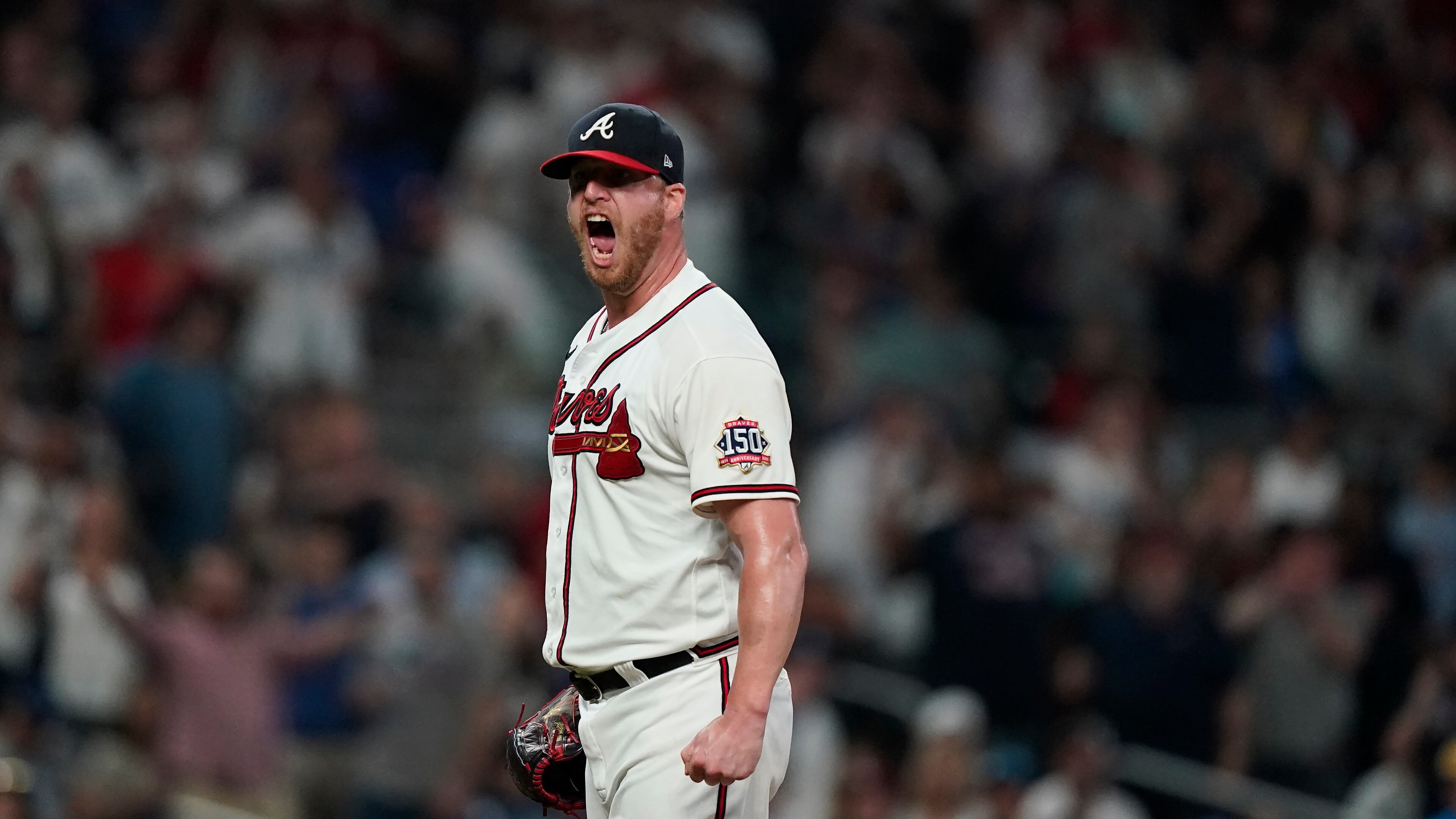 Atlanta Braves relief pitcher Will Smith (51) celebrates the win against the Los Angeles Dodgers in the ninth inning of a baseball game Saturday, June 5, 2021, in Atlanta. (Brynn Anderson/AP)