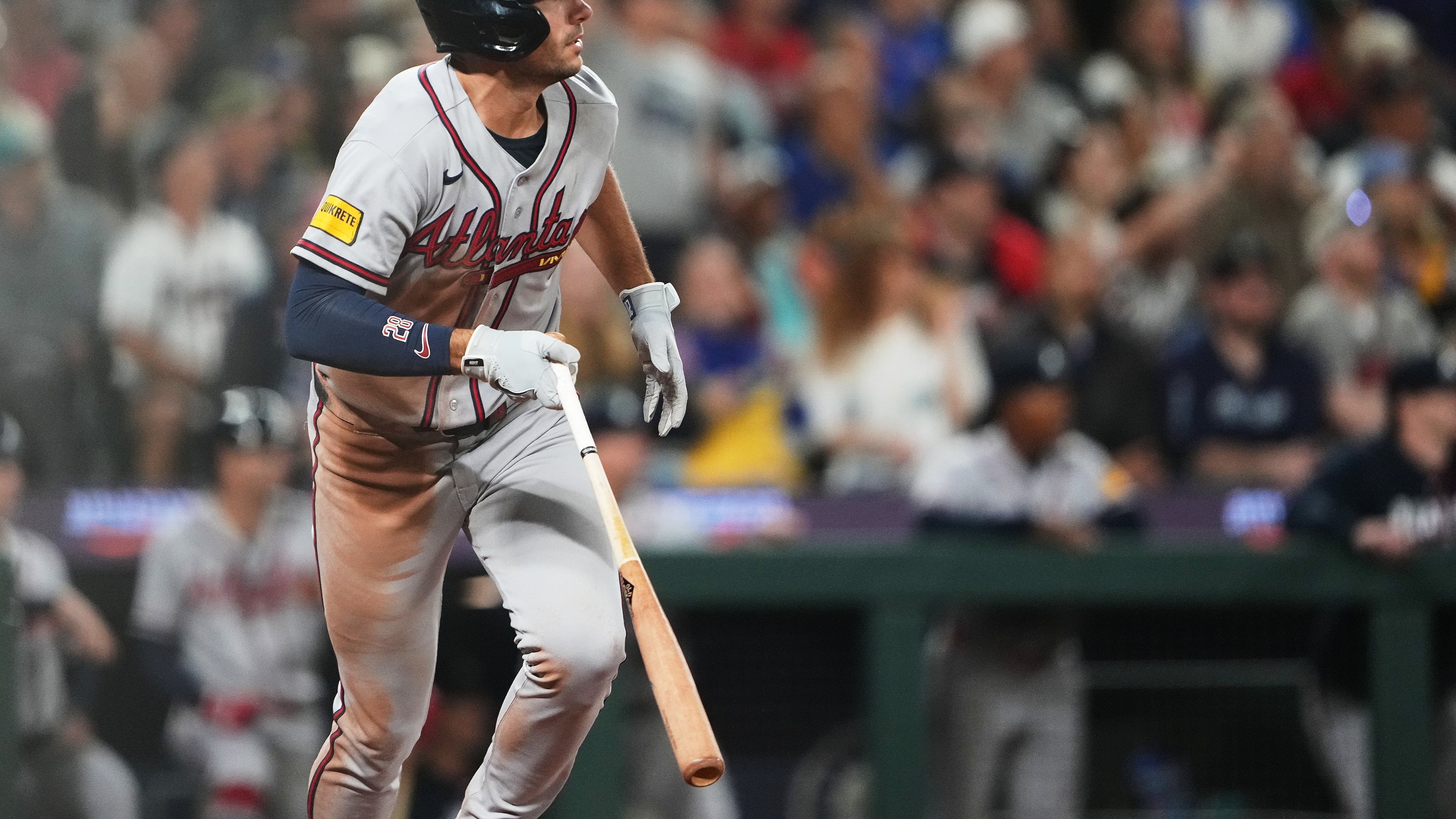 Atlanta Braves' Matt Olson watches his solo home run against the Seattle Mariners during the ninth inning of a baseball game, Tuesday, May 5, 2026, in Seattle. (AP Photo/Lindsey Wasson)