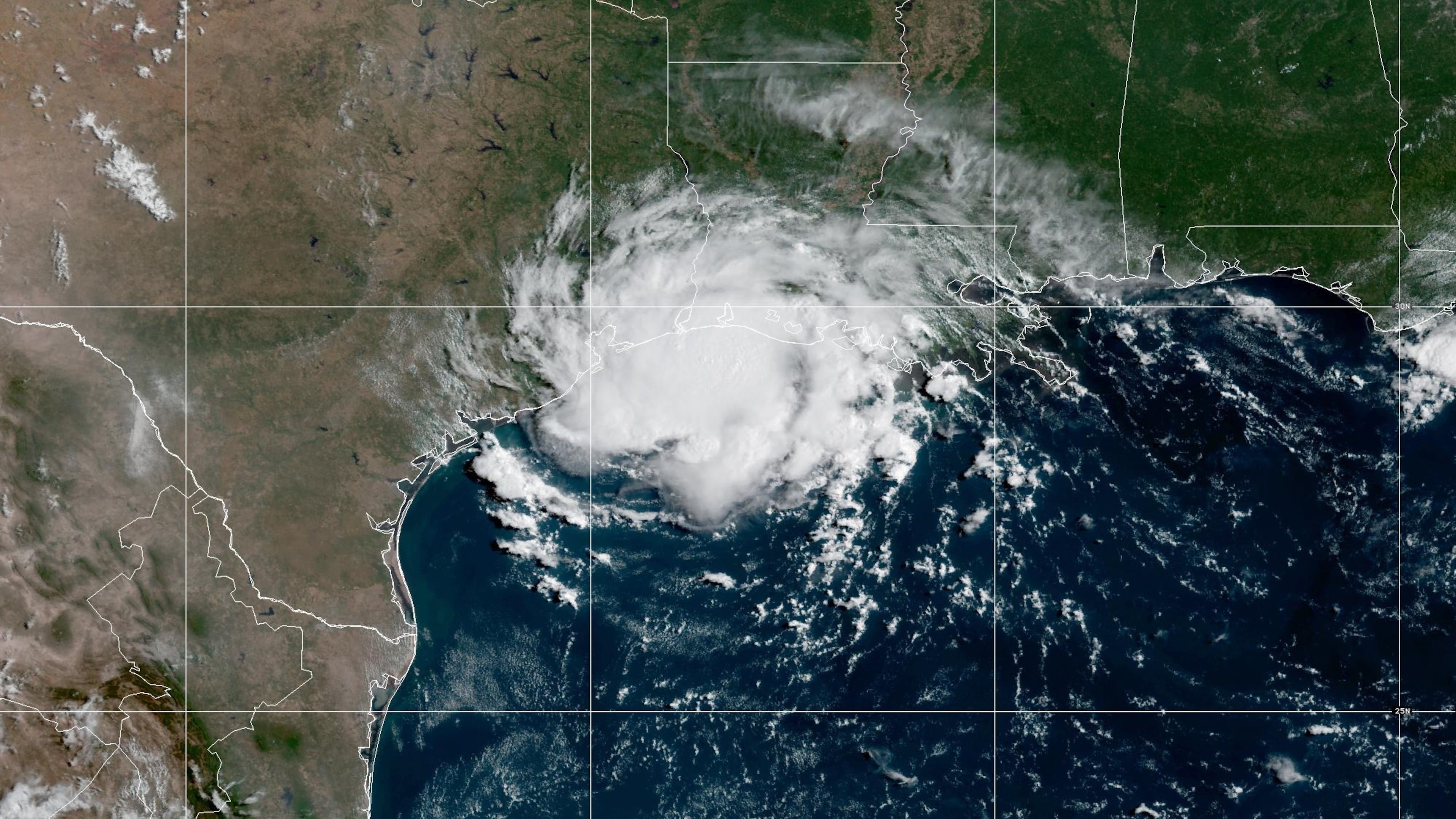 This satellite image provided by NOAA shows Tropical Storm Edouard over the Gulf of Mexico, Tuesday, Sept. 1, 2026. (NOAA via AP)