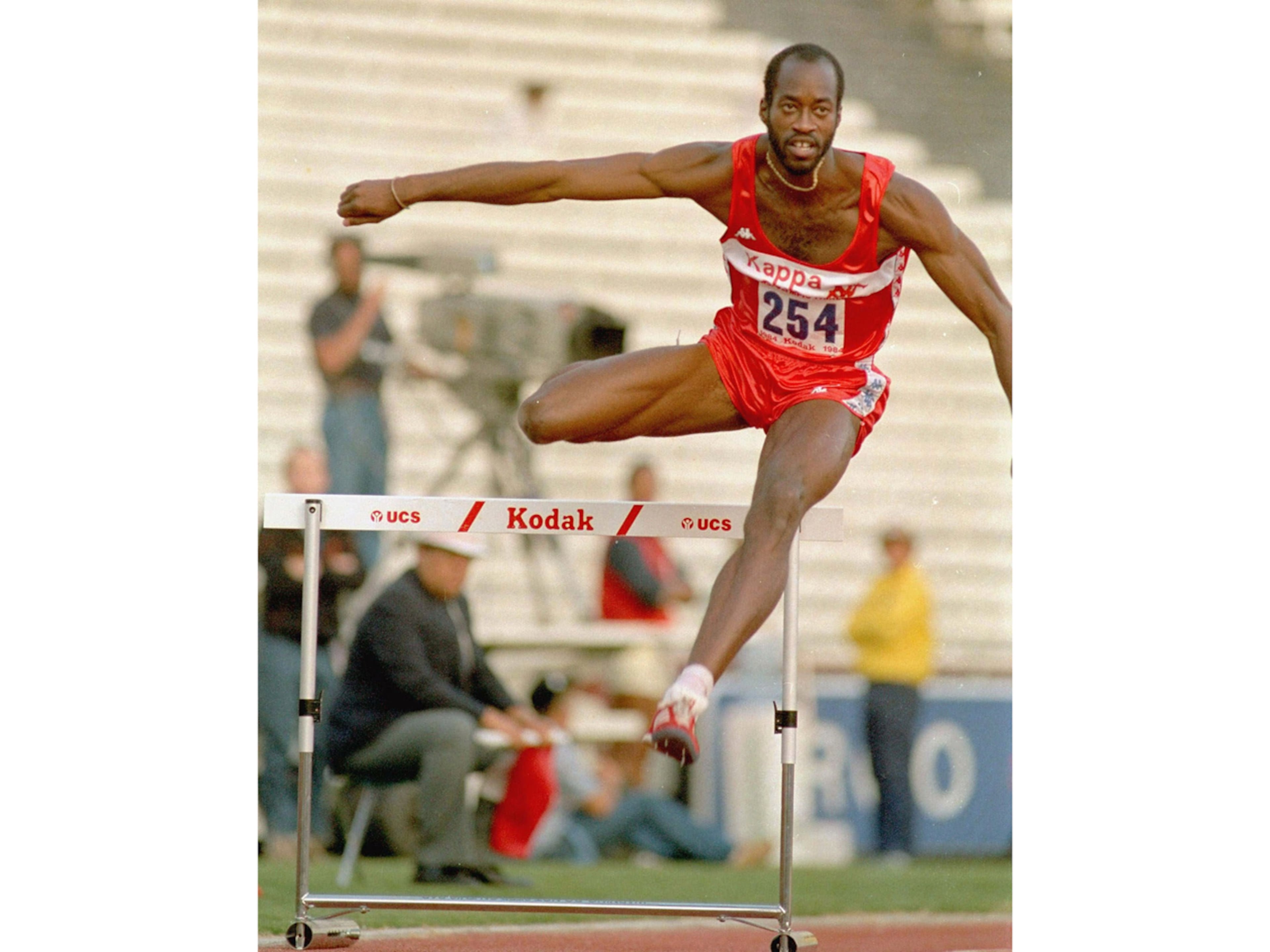 Edwin Moses clears the first hurdle in the men's 400-meter hurdles during the 1984 U.S. track and field trials in Los Angeles. (Lennox McLendon/AP)