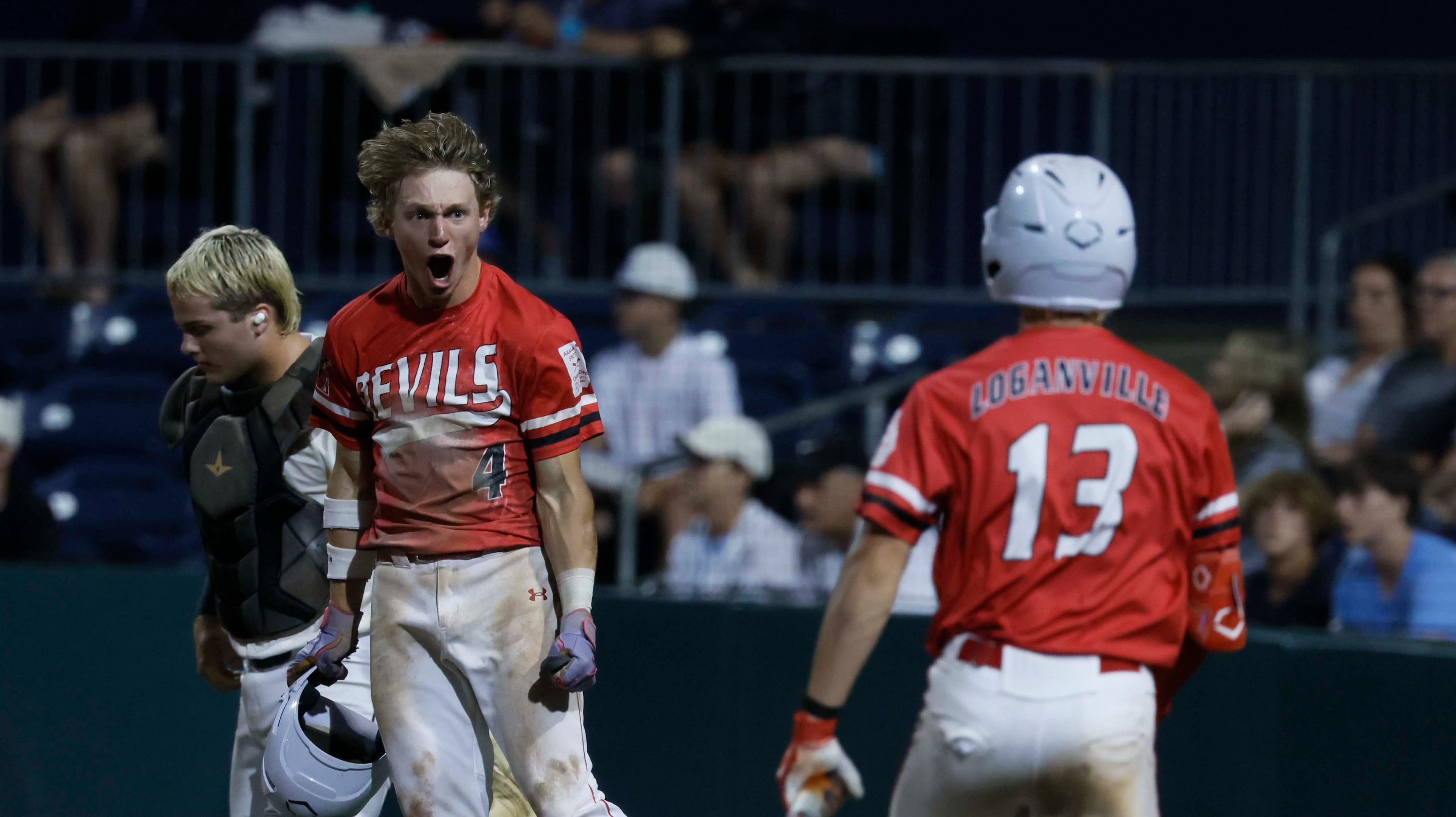 Loganville’s Aiden Gorvett (4) reacts after scoring during the seventh inning in Game 3 of the Class 5A GHSA Baseball State Championship Series at Gwinnett Field on Tuesday, May 26, 2026, in Lawrenceville, Ga. (Miguel Martinez/AJC)