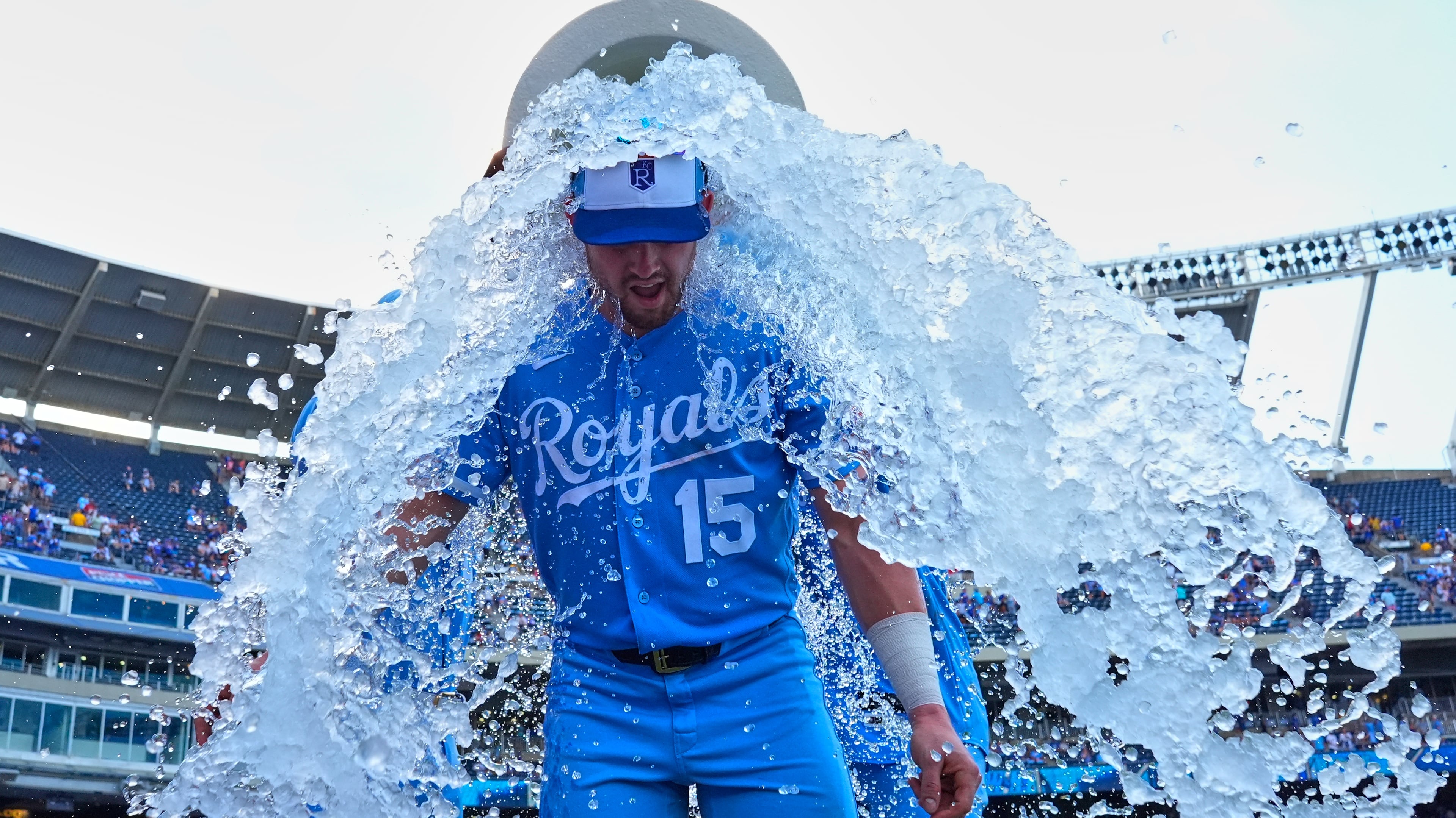 The Royals' Lane Thomas is doused by teammates after beating the Padres on Saturday, July 18, 2026, in Kansas City, Mo. The Braves acquired Thomas and Bailey Falter on Saturday. (Charlie Riedel/AP)