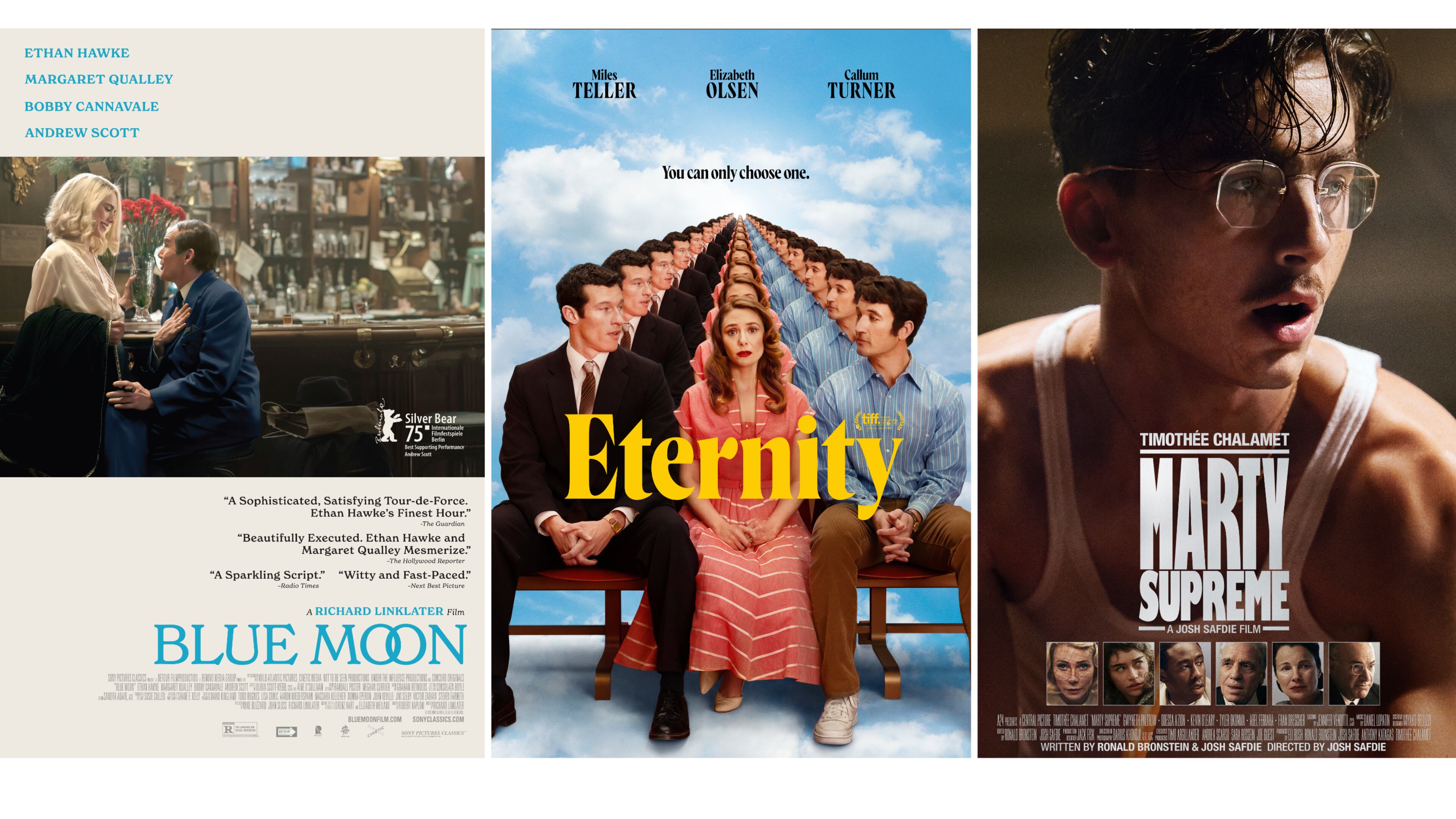 This combination of images show promotional art for "Blue Moon," left, "Eternity," center, and "Marty Supreme." (Sony Pictures Classics/A24/A24 via AP)