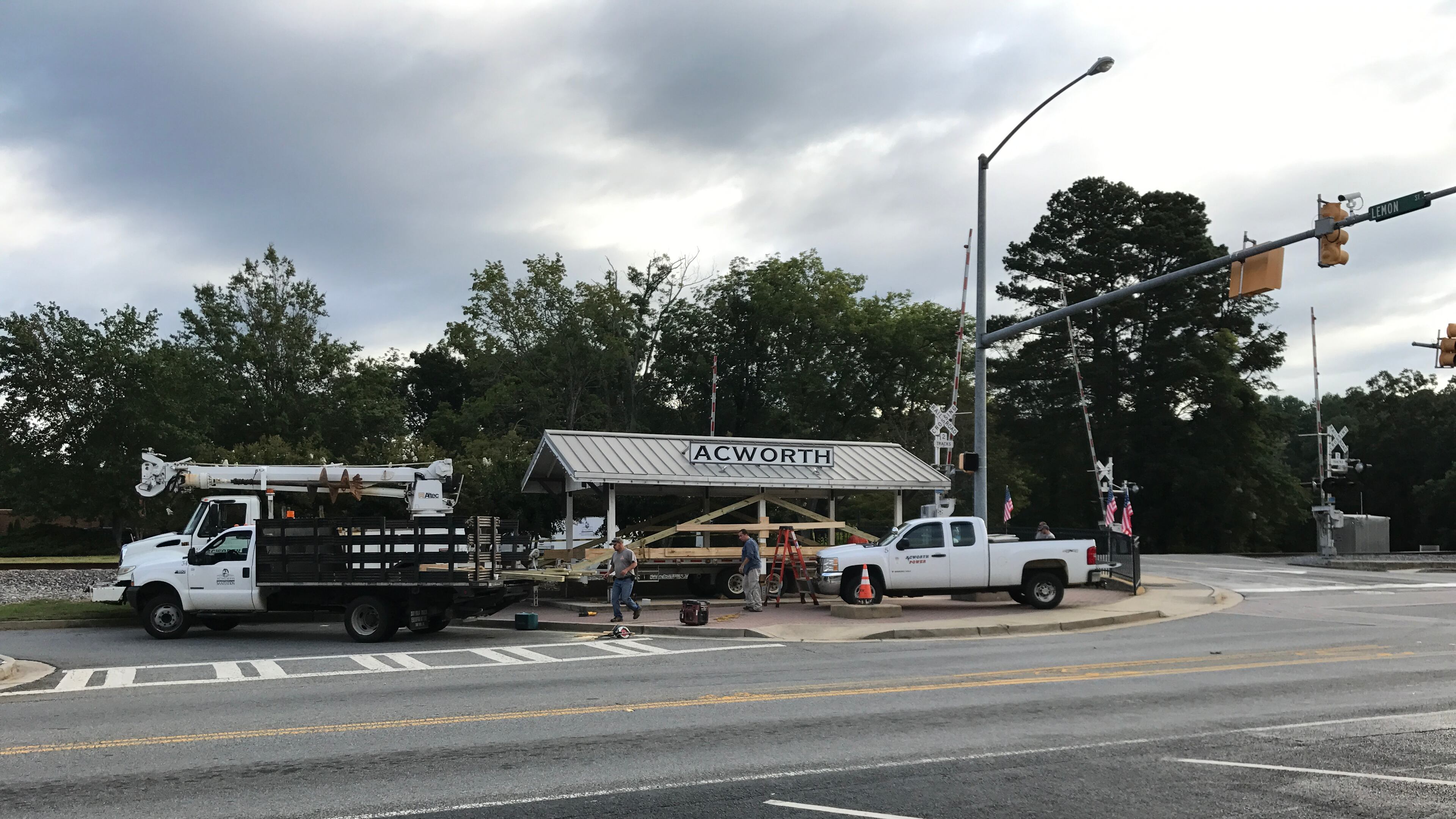 Acworth employees prepare to move the Open Air Acworth Depot Pavilion to the corner of Cowan and Cowan Connector. Courtesy of Acworth
